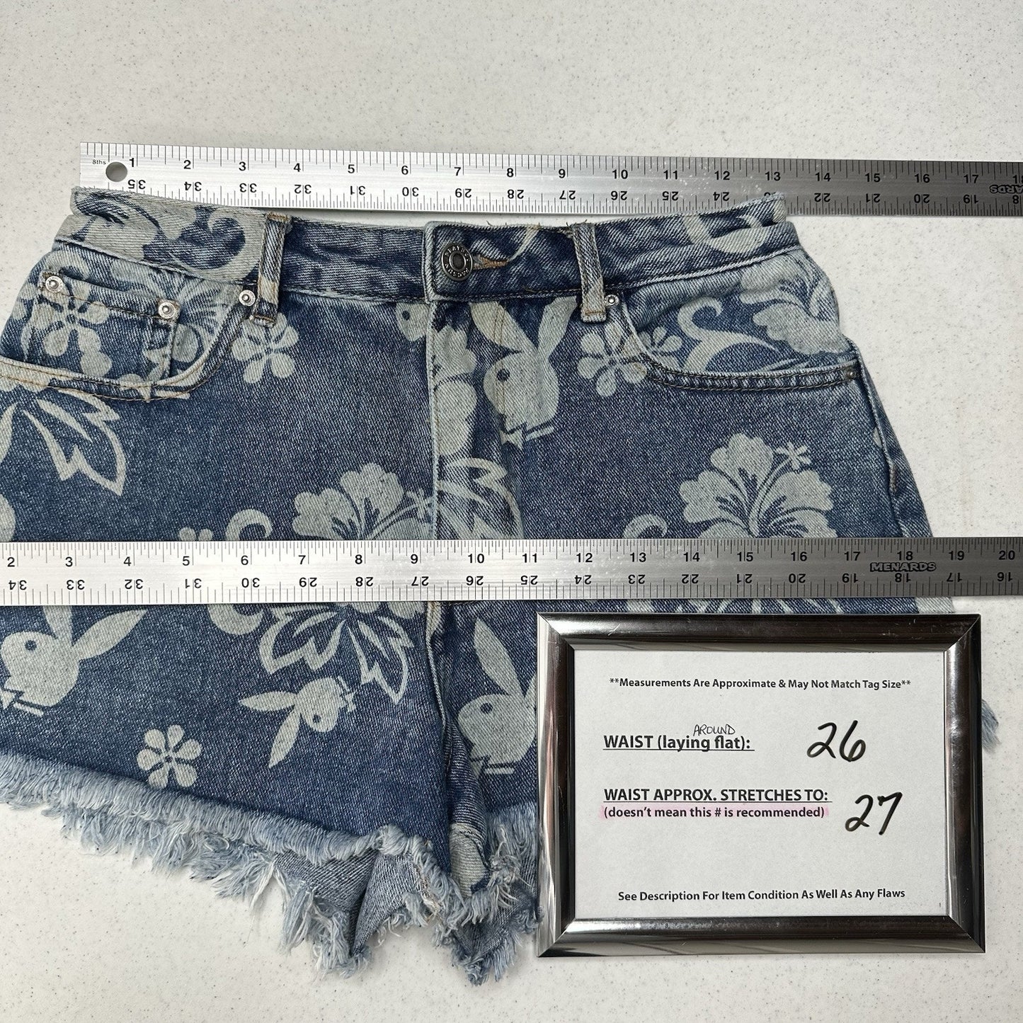 PlayBoy Pacsun Shorts Womens 27 Blue Jean Denim Fringe 90s Grunge Floral Bunny