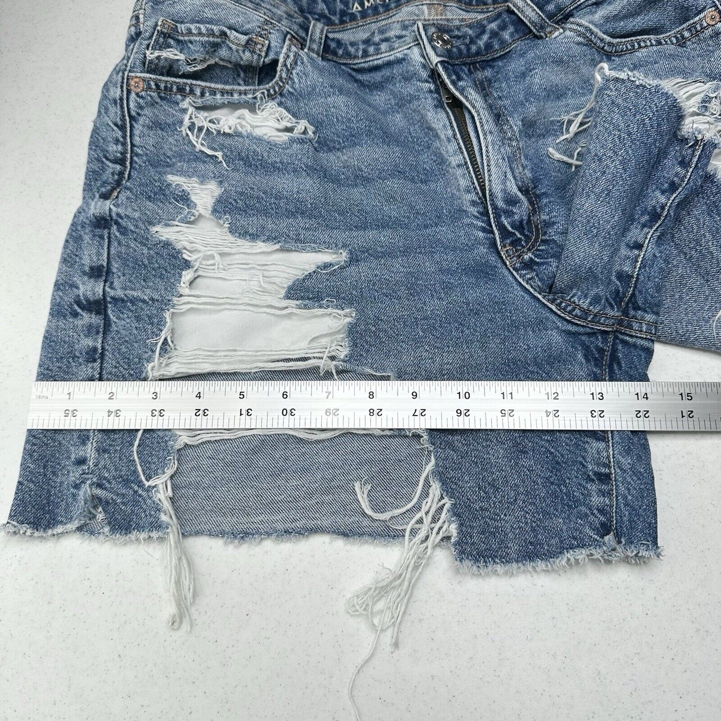 American Eagle Shorts 14 Highest Rise Baggy Midi Blue Denim Distressed Grunge
