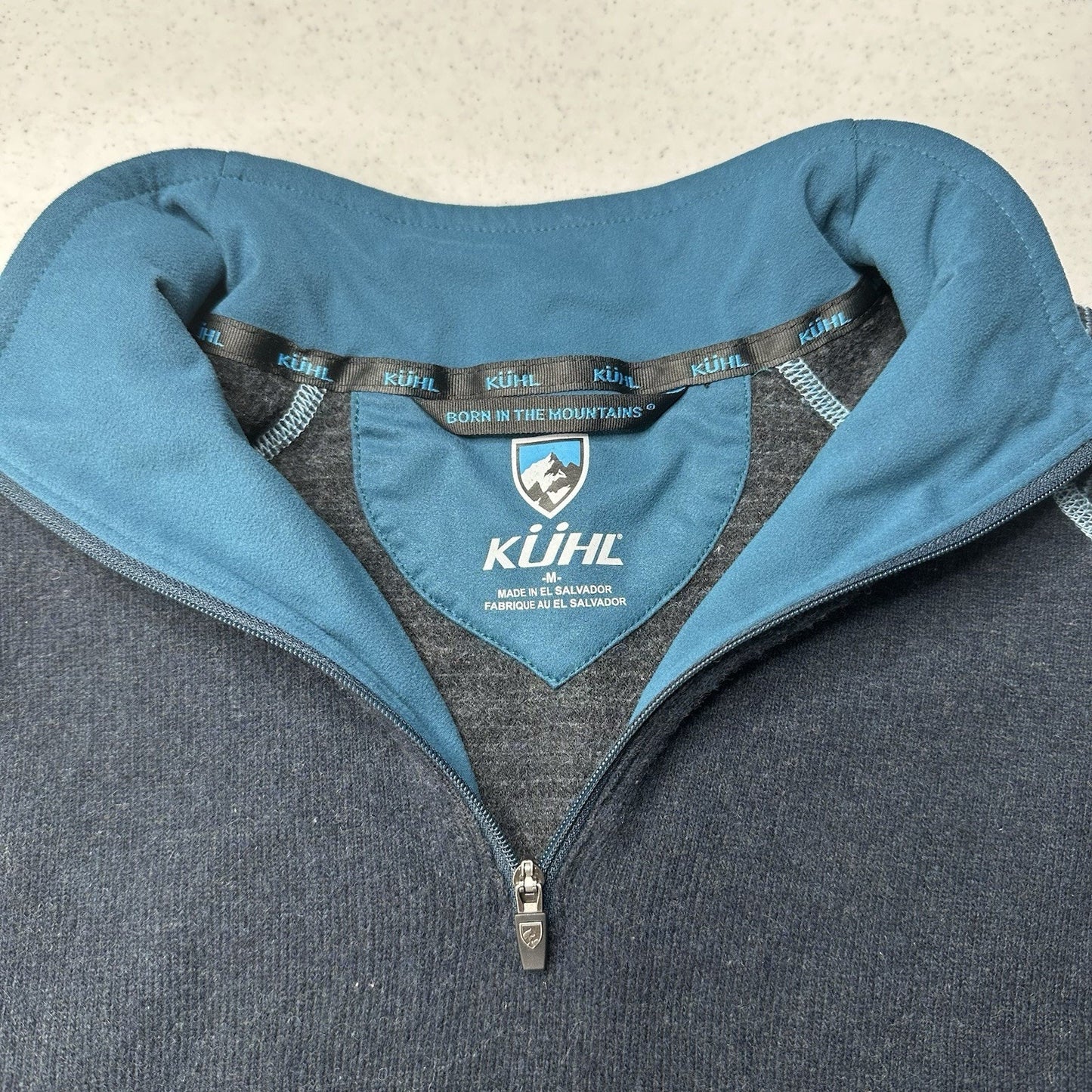 KUHL Sweater Mens M Chianti Fleece 1/4 Zip Blue Wool Blend Long Sleeve Thumbhole