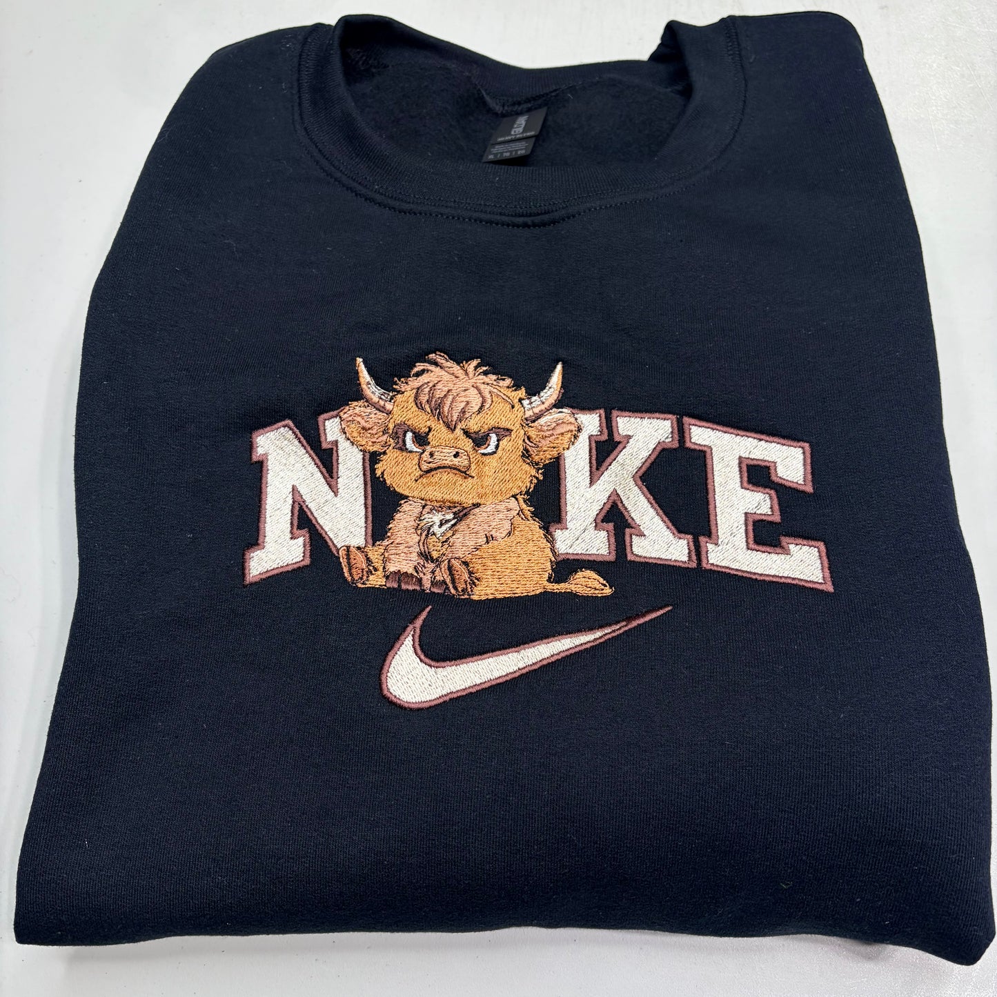 Nike Grumpy Highland Cow Embroidered ADULT Hoodie / Crewneck Sweatshirt Unisex Farm Fluffy Cow
