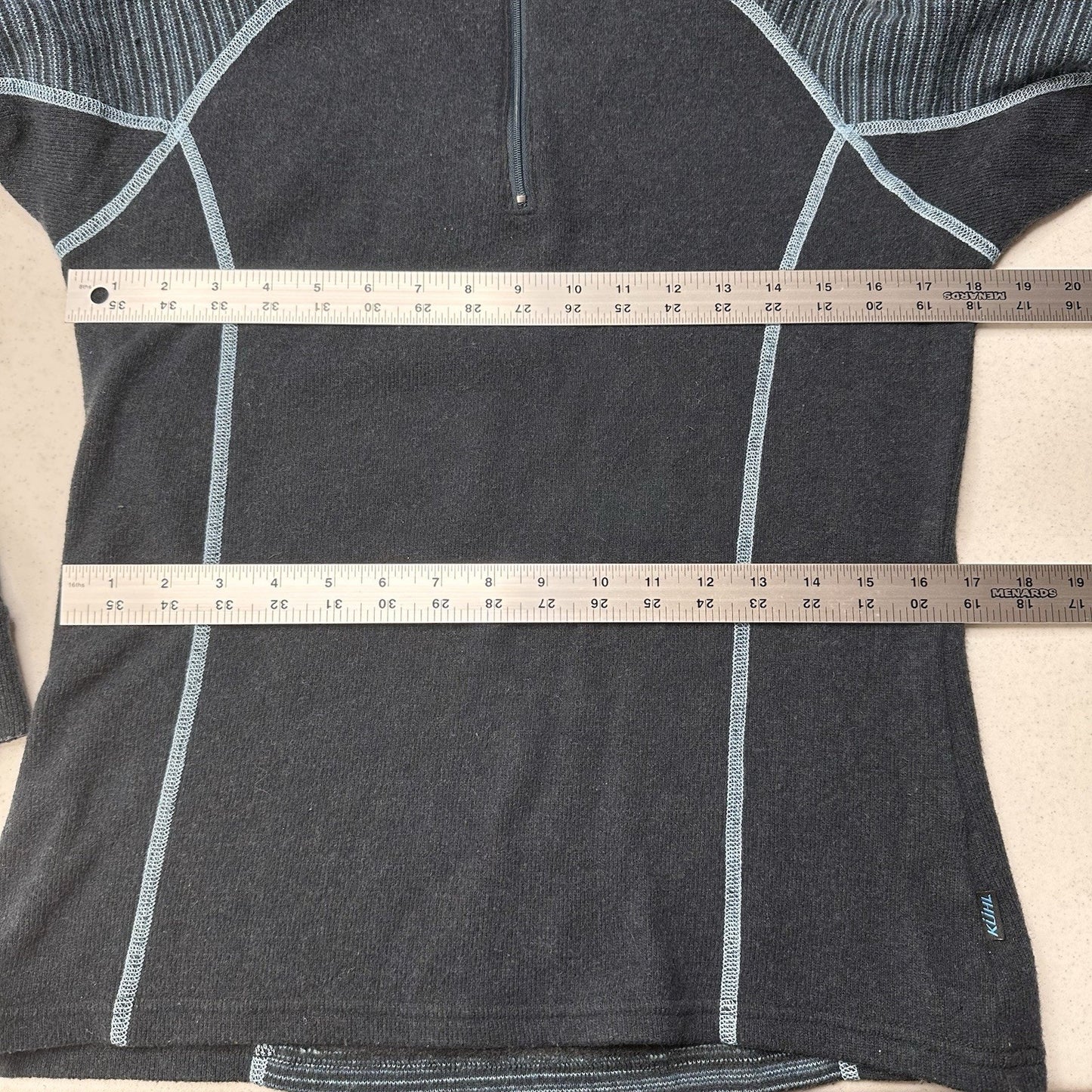 KUHL Sweater Mens M Chianti Fleece 1/4 Zip Blue Wool Blend Long Sleeve Thumbhole