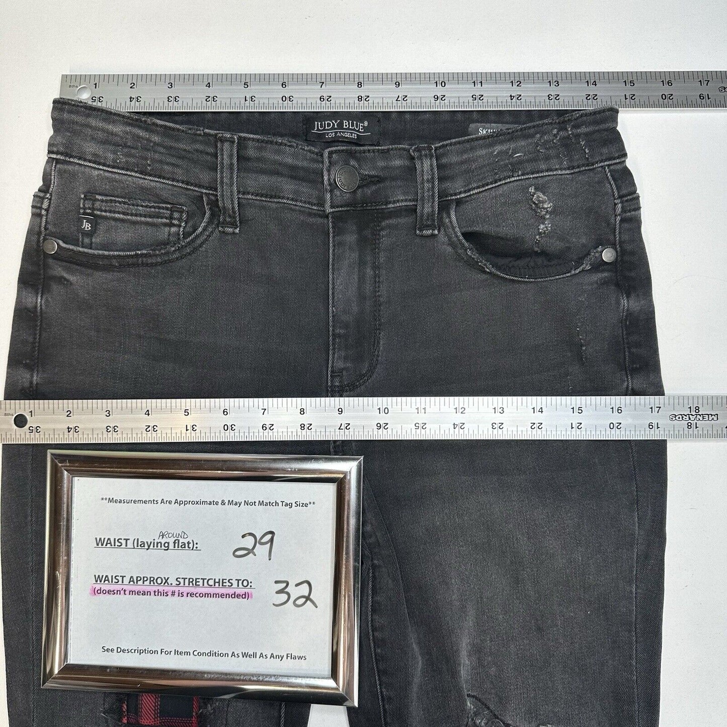 Judy Blue Jeans 9 29 Skinny Black Stretch Denim Red Buffalo Plaid Patch Distress