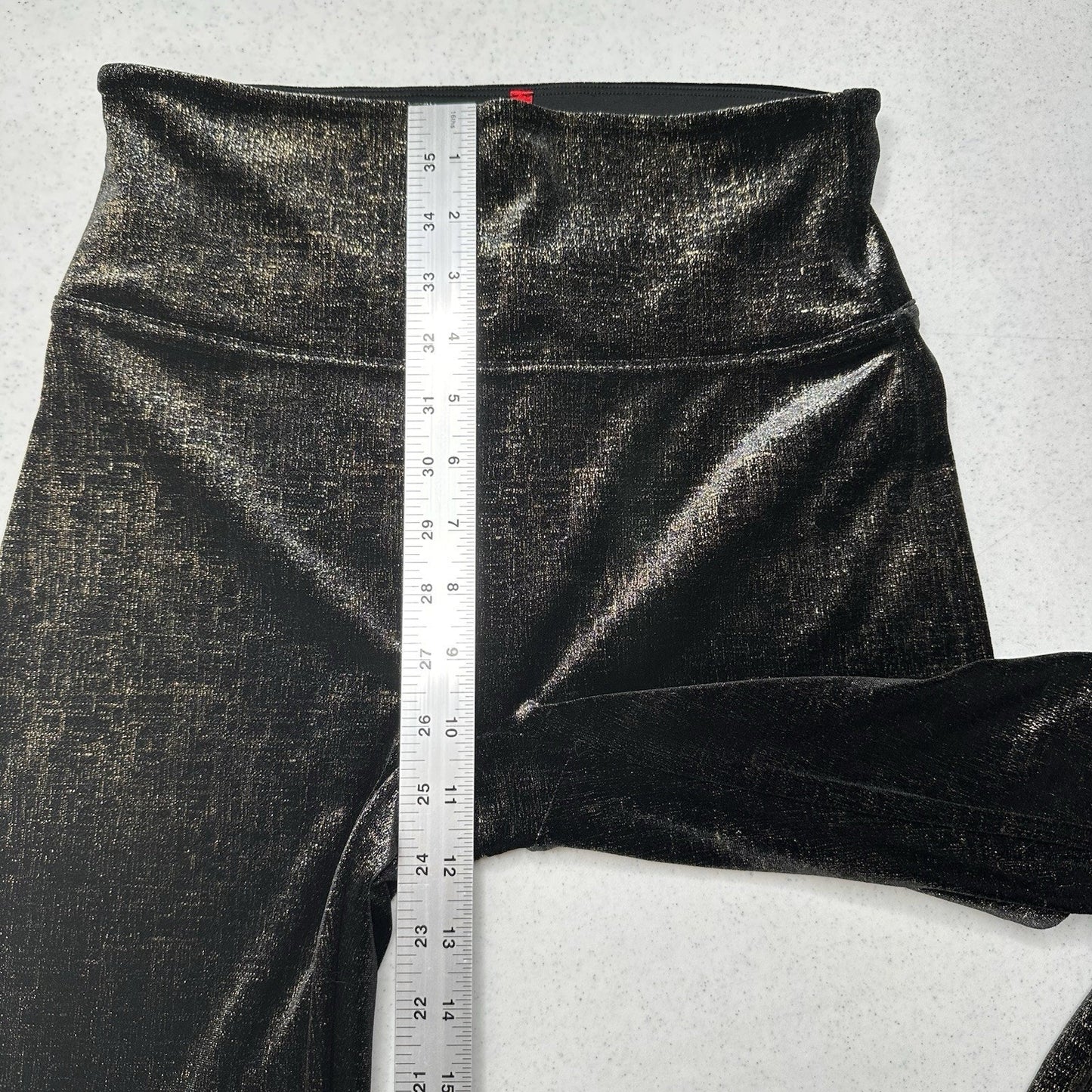 Spanx Leggings Women Velvet Shine Pants Black Gold Metallic Pull On Slimming EUC