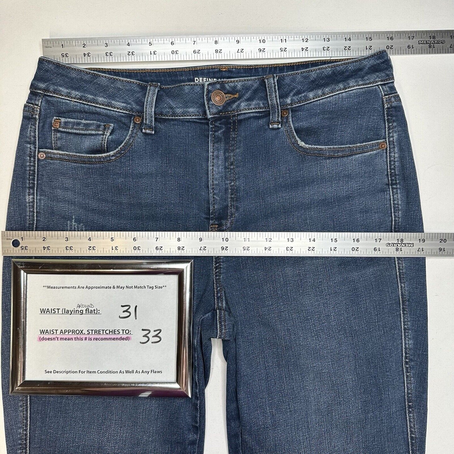 Chicos Jeans 1.5 Petite US 10 Define Me Flare Blue Denim Distress Western Cowboy