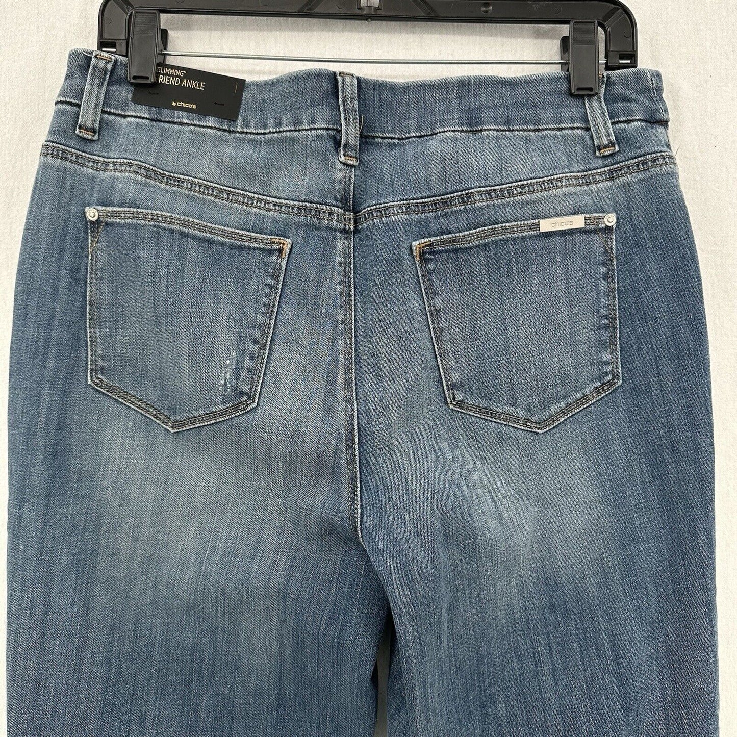 Chicos Jeans 1 US 8 So Slimming Girlfriend Ankle Stretch Blue Denim Distress NEW