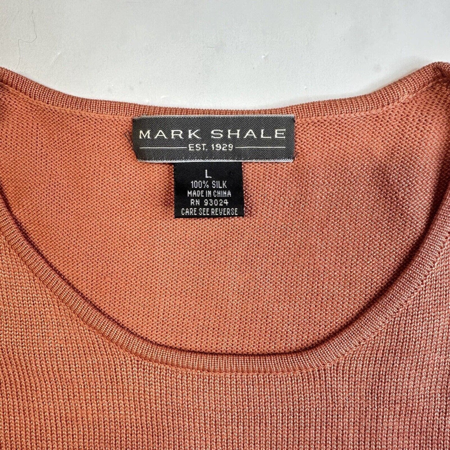 Mark Shale Top Womens Large Orange Silk Short Sleeve Knit Stretch Crewneck Shirt