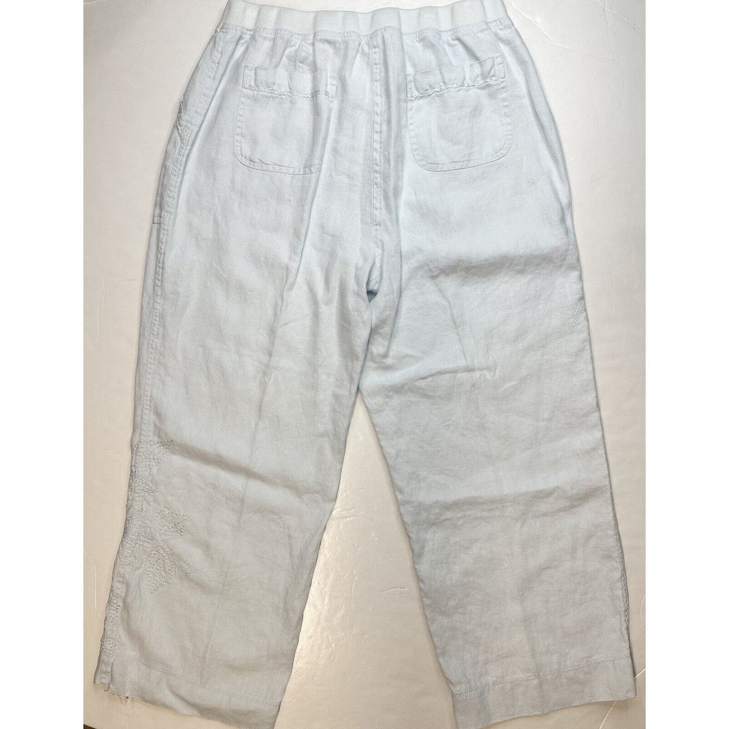 J Jill Linen Pants Womens 14 Petite Light Blue Wide Leg Ankle Floral Embroidery