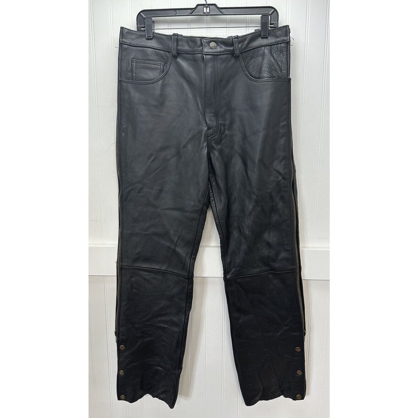 USA Bikers Over Pants Men 36x29 Black Genuine Leather Motorcycle Zipper *Smaller