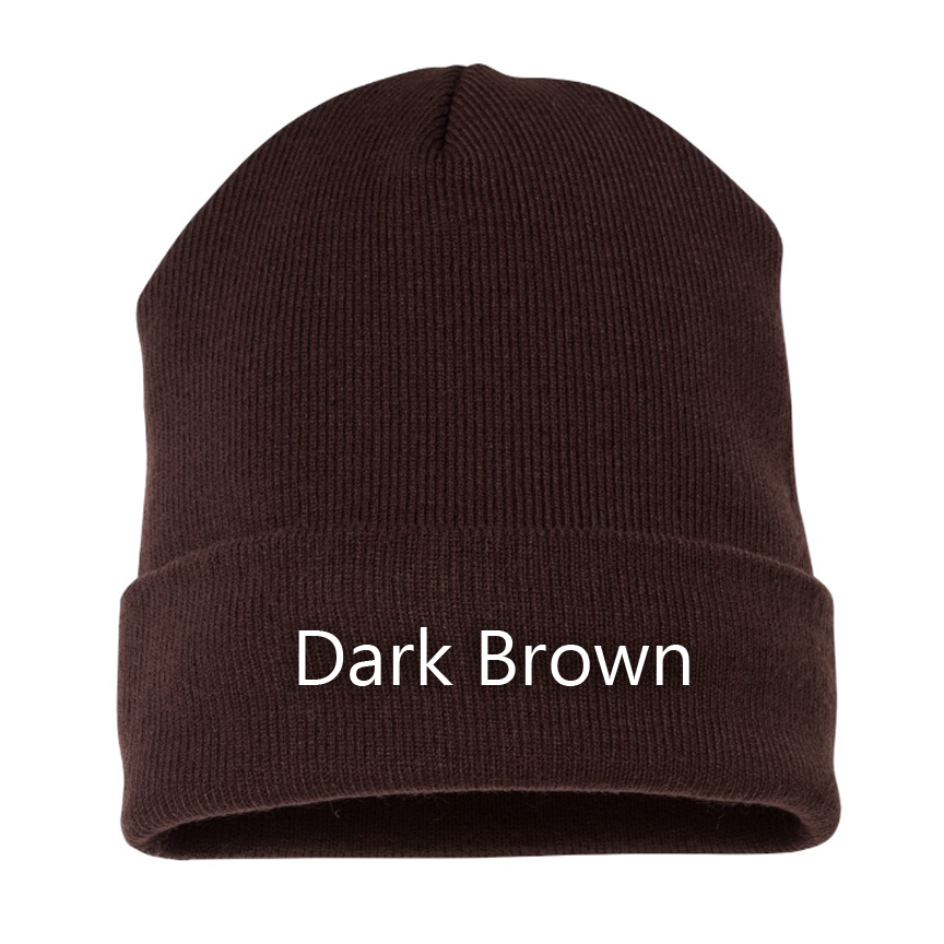 A dark brown ribbed knit beanie hat with the words 'Dark Brown' printed in white on the front cuff, shown against a plain white background.
