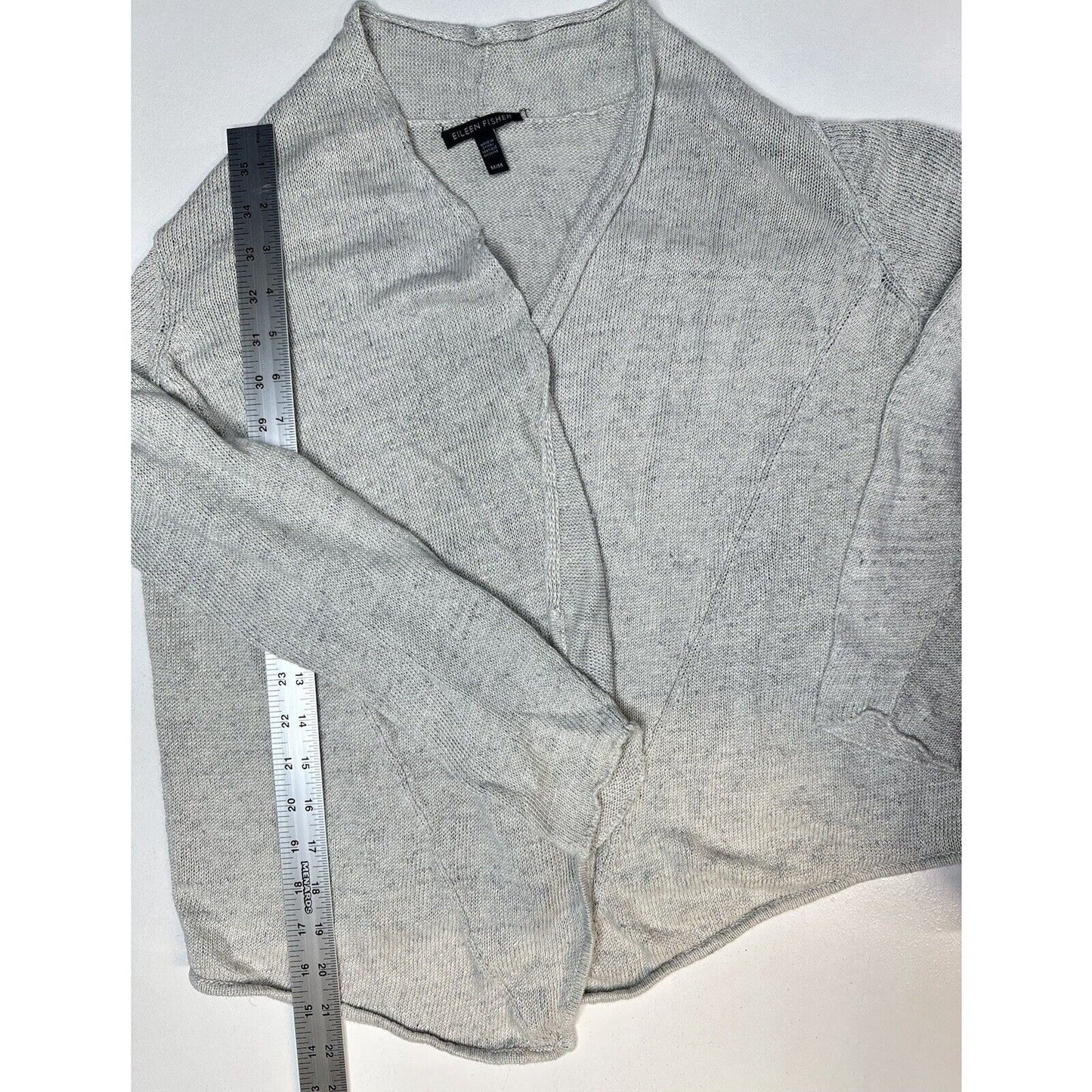 Eileen Fisher Sweater Womens Medium Cardigan Linen Gray Open Waterfall *Flaw