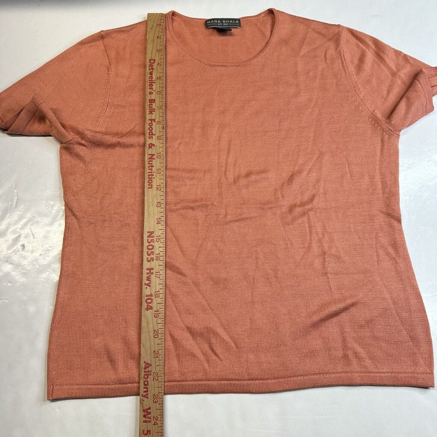 Mark Shale Top Womens Large Orange Silk Short Sleeve Knit Stretch Crewneck Shirt