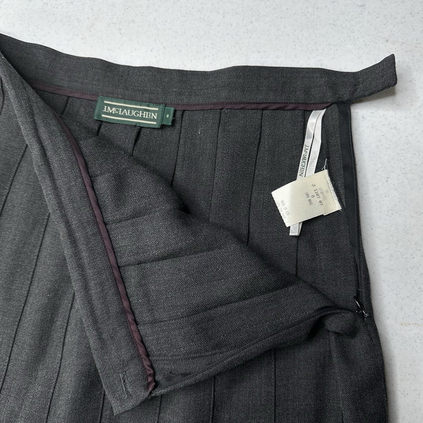 J McLaughlin Skirt Womens 8 Pleated Wool Gray Zip Academia Preppy Luxury *Flaw