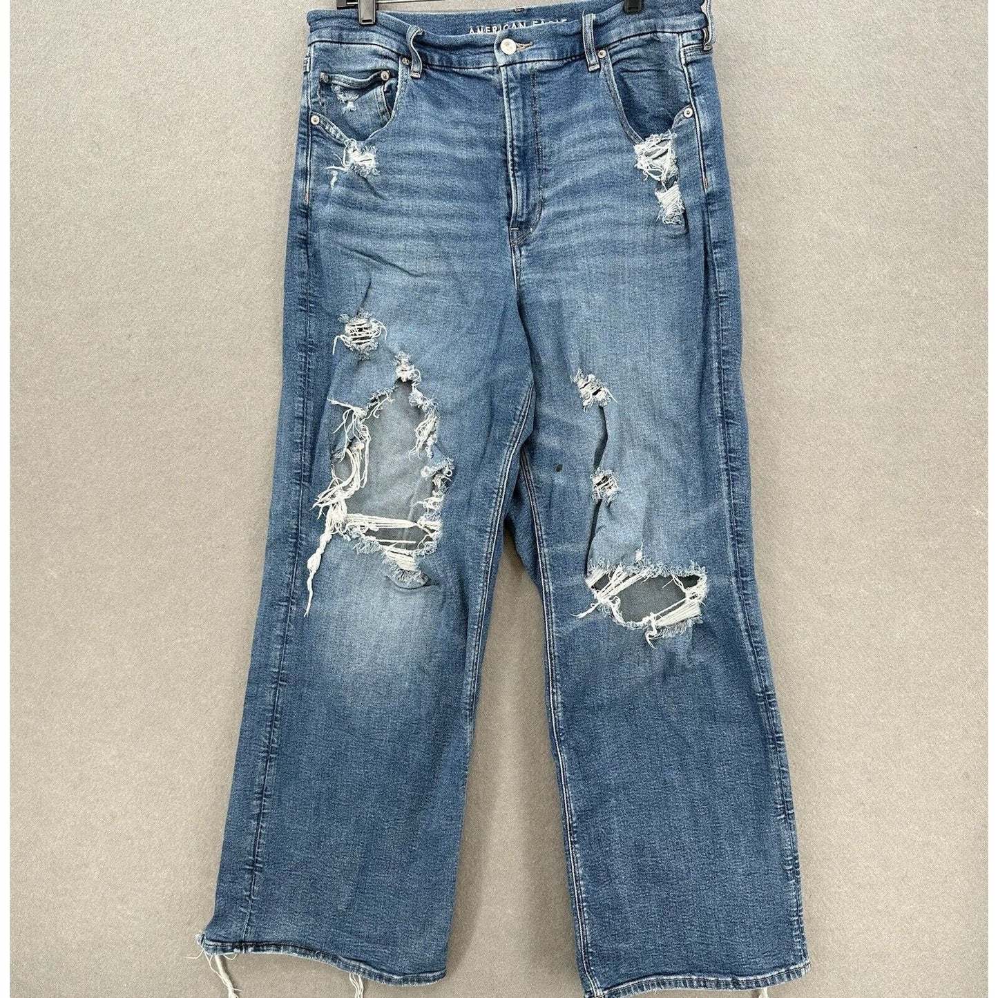American Eagle Jeans 18 Baggy Straight Curvy Super Hi Rise Denim Distress *Flaw