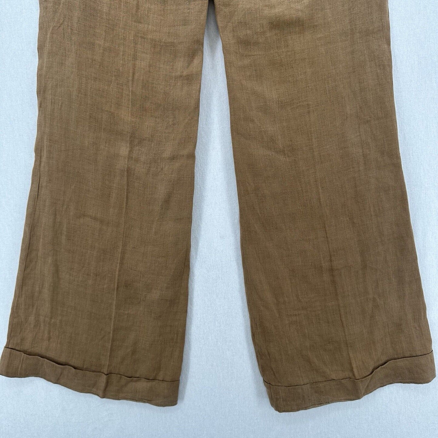 Vince Pants Womens 10 Linen Brown Wide Flare Trouser Relaxed Coastal Beach *Flaw