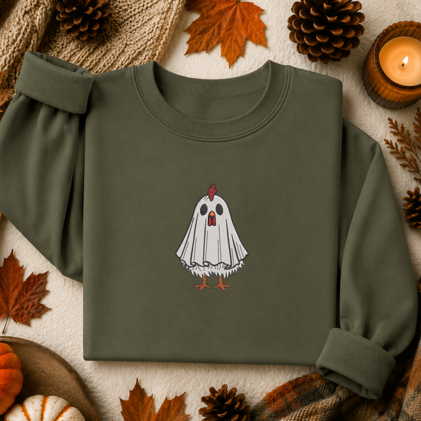 An olive green crewneck sweatshirt with a graphic of a ghostly chicken, styled in a flat lay with autumn props like pinecones, maple leaves, a candle, and a knit blanket.
