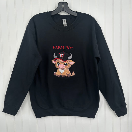 embroidered highland cow with tractor hat on a black sweatshirt and says farm boy