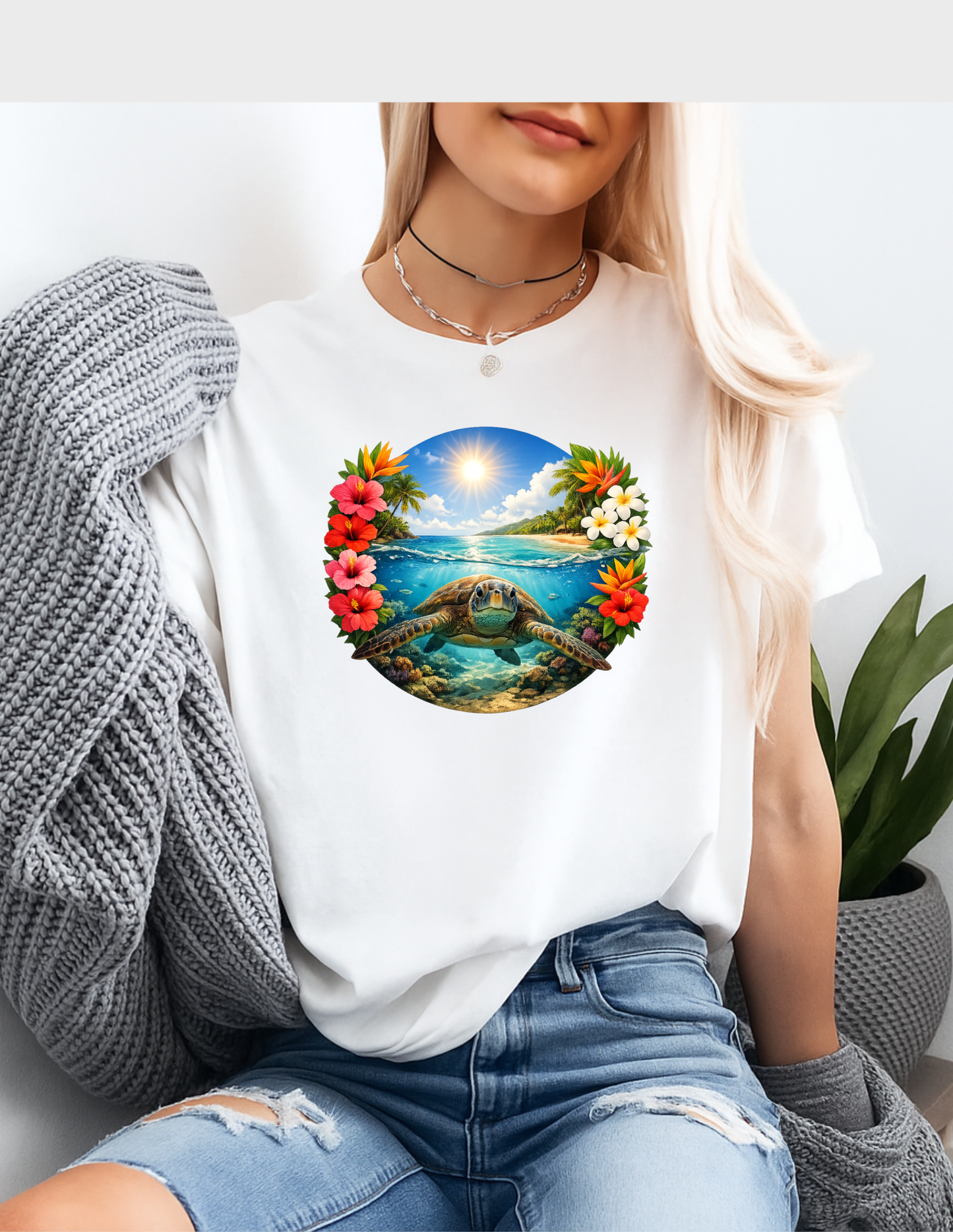 Sea Turtle Graphic Tee T-shirt or Sweatshirt ADULT Unisex Hoodie / Crewneck Ocean Underwater Tropical Floral Colorful Beach Summer Vibes Gift