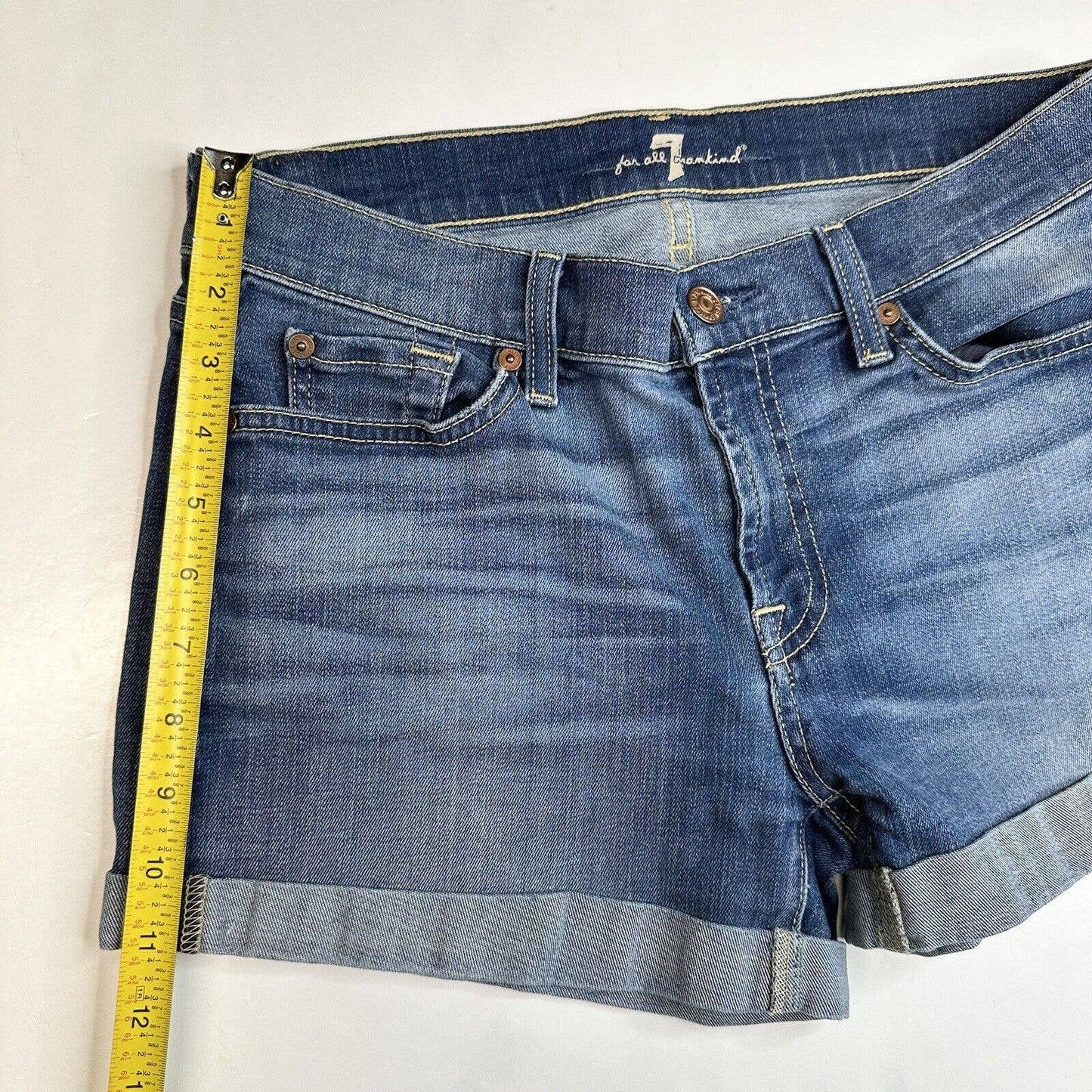 7 For All Mankind Cuffed Jean Shorts Sz 27 Blue Stretch Denim 3" Inseam 7FAM