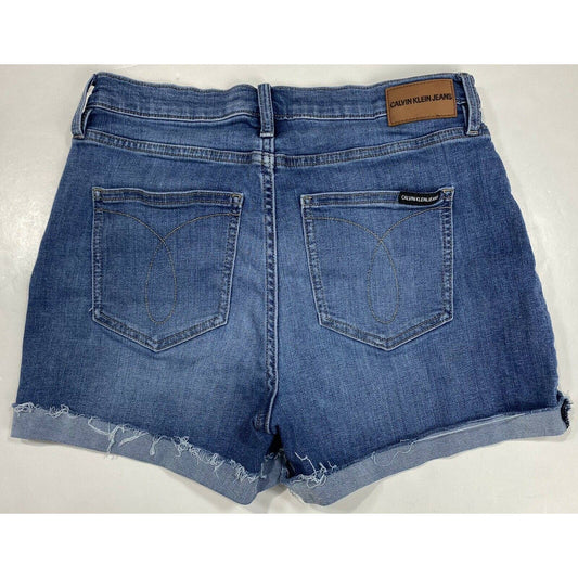 Calvin Klein Sz 6 Womens Hi-Rise Denim Blue Jean Shorts Raw Hem Stretch 12.5”L