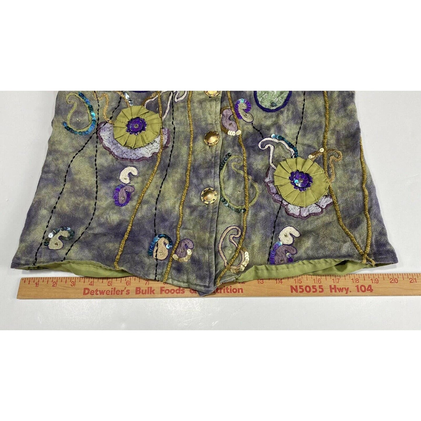 Indigo Moon Jacket Sz Small ART TO WEAR Sequins Flowers Embroidered Green/Purple