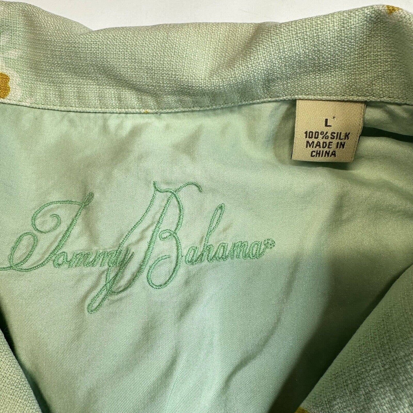 Tommy Bahama 100% Silk Button Up Shirt Sz Large Green Floral Short Sleeve *Spot