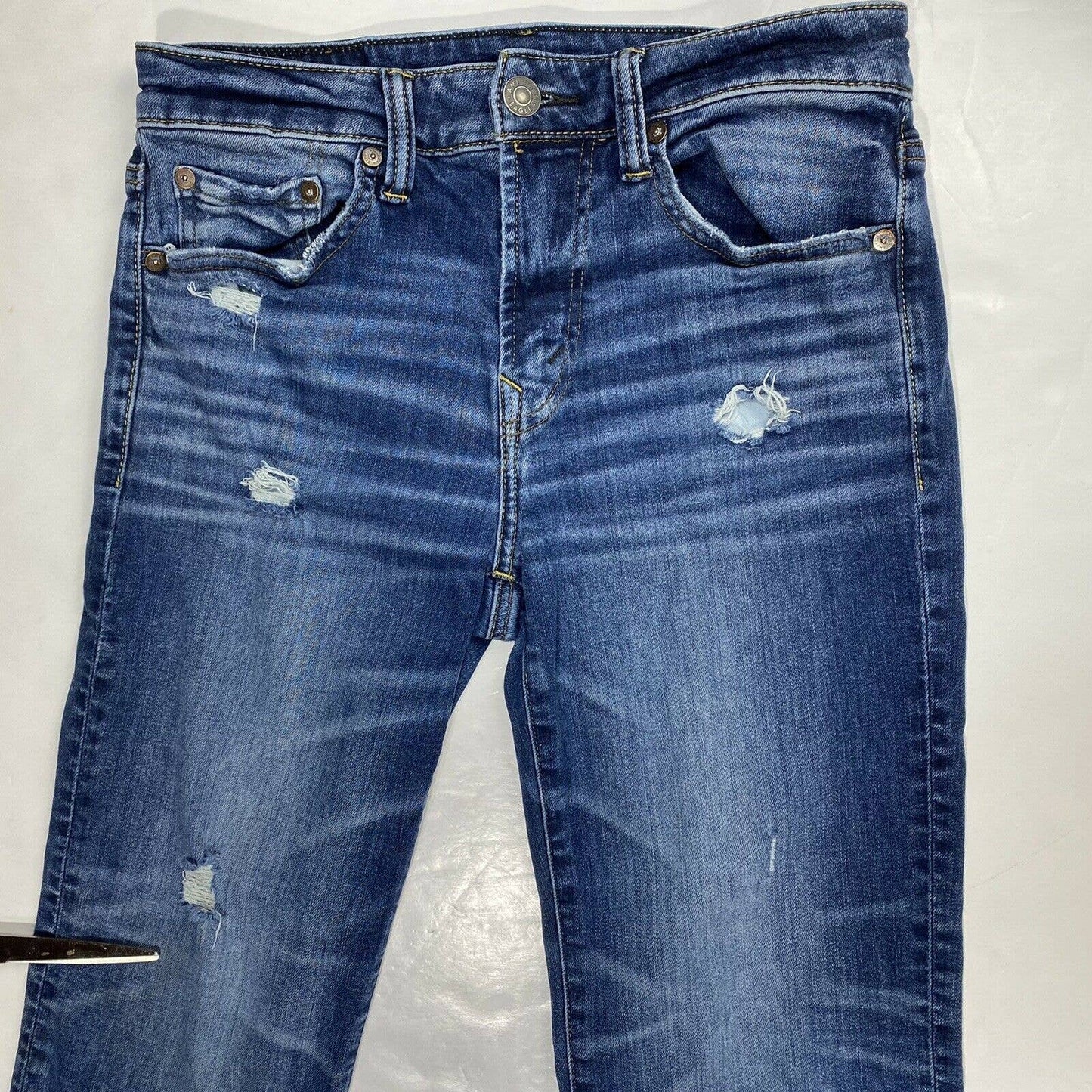 American Eagle Original Bootcut Sz 28 Cozy Airflex+ Denim Blue Jeans Holes *Flaw