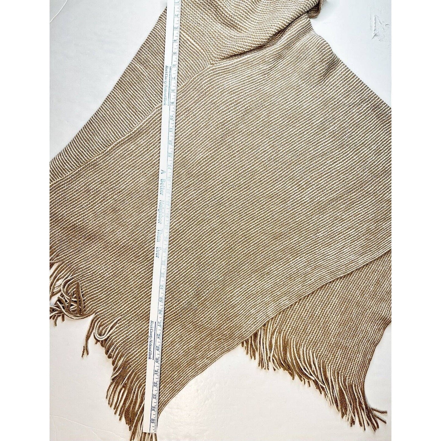 Chicos Cowl Neck Poncho OS Beige/Tan Metallic Striped Knit Sweater Fringe NEW