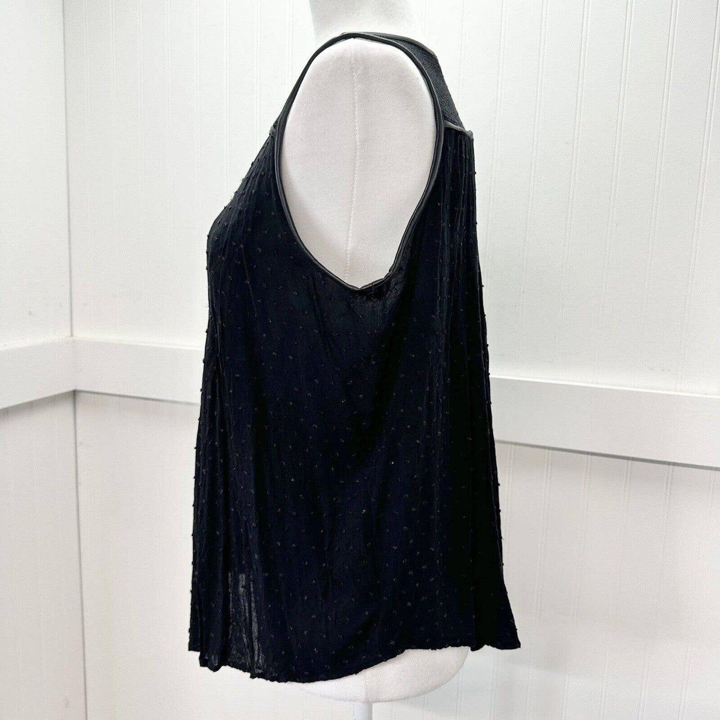 Miss Me Button Up Tank Top Sz Medium Black Sleeveless Faux Leather Trim Sheer