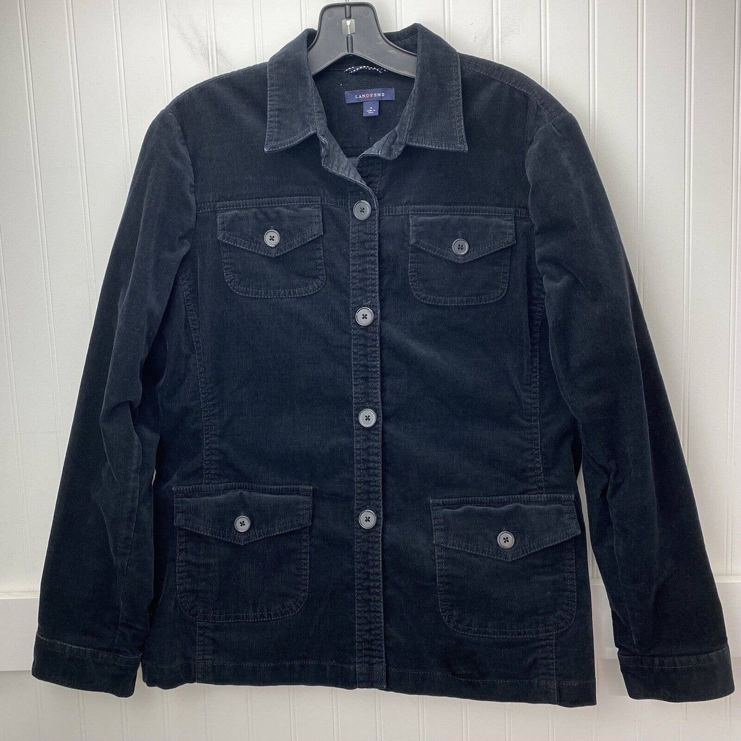 Lands End Corduroy Jacket 14 Womens Black Button Up Shacket Long Sleeve Pockets