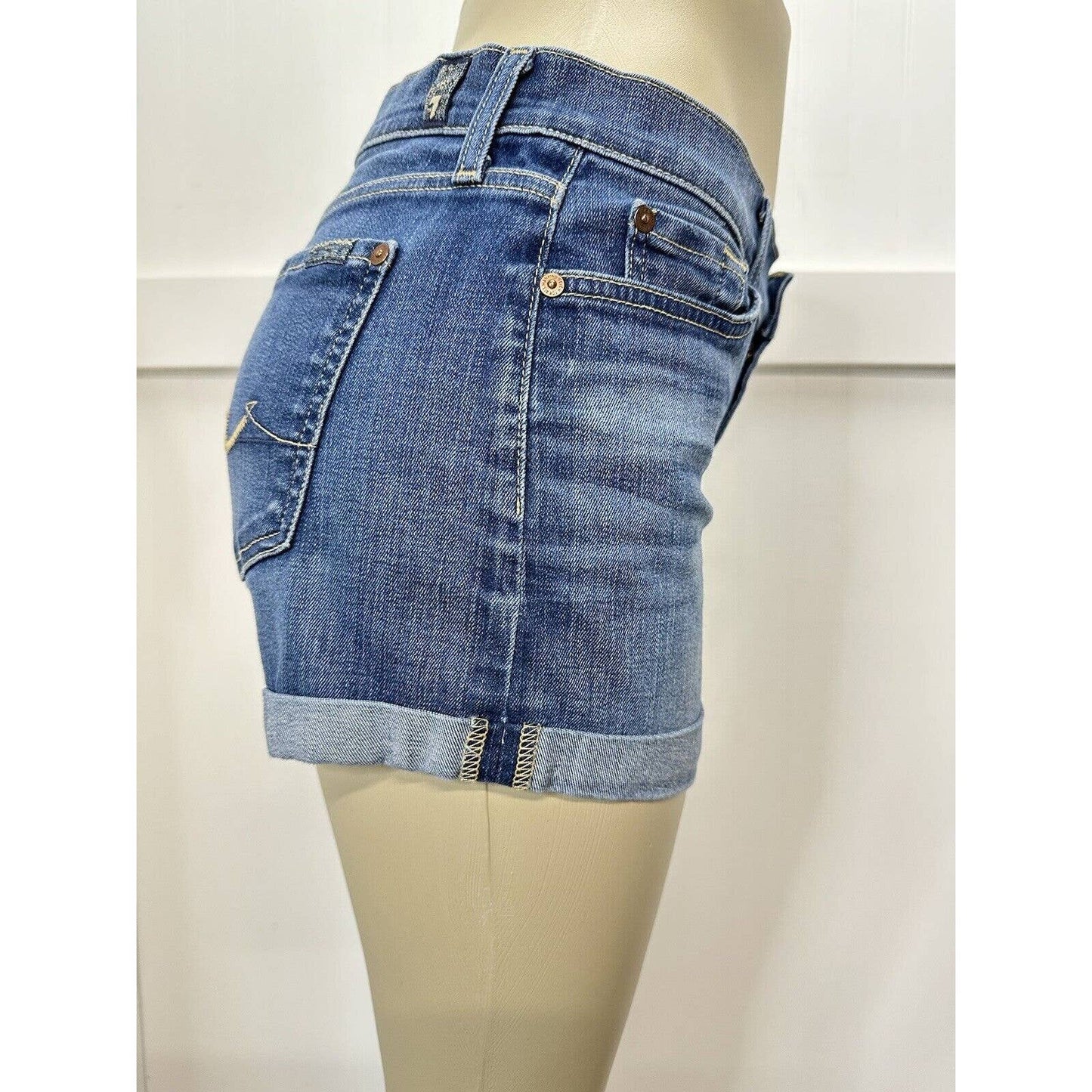 7 For All Mankind Cuffed Jean Shorts Sz 27 Blue Stretch Denim 3" Inseam 7FAM