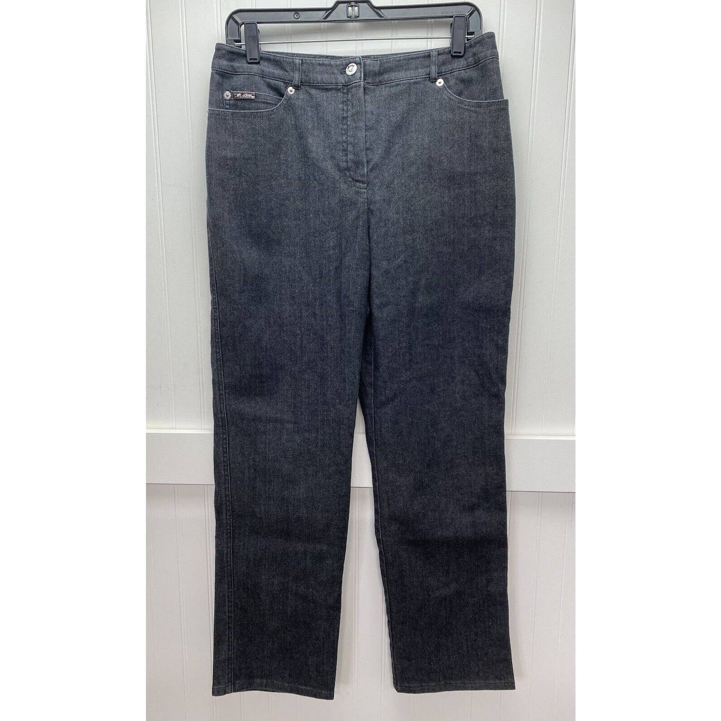 St. John Sport Straight Leg Jeans Sz 8 Womens High Rise Dark Gray Stretch Short