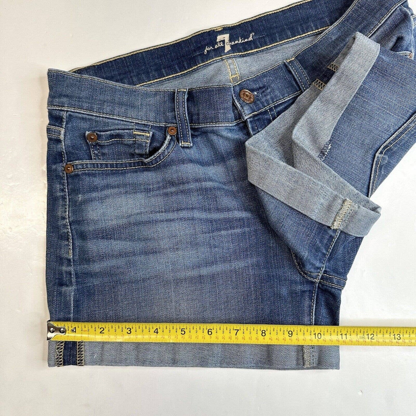 7 For All Mankind Cuffed Jean Shorts Sz 27 Blue Stretch Denim 3" Inseam 7FAM