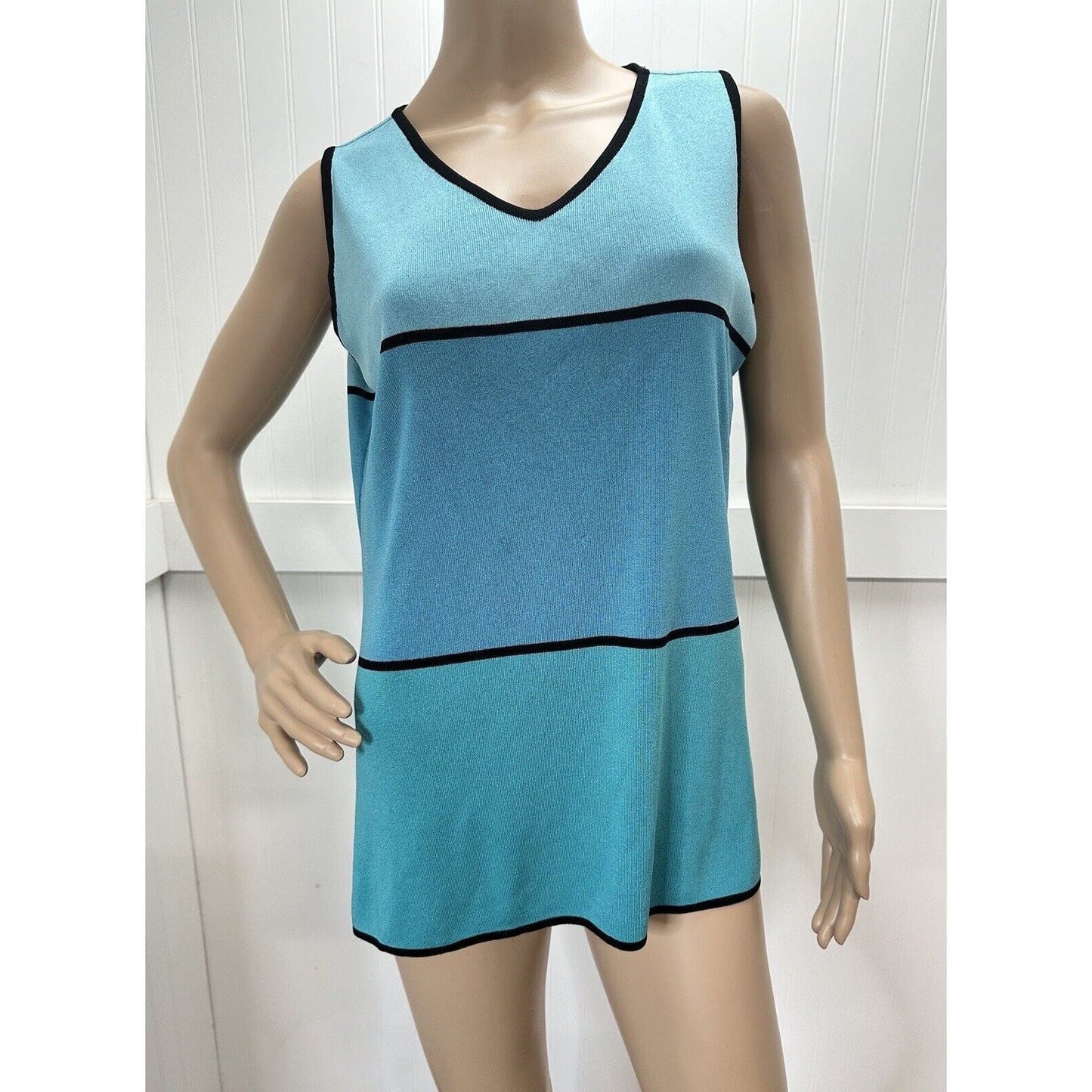 Exclusively Misook Tunic Tank Top Sz Medium Blue Aqua Stripes Sleeveless *Mark