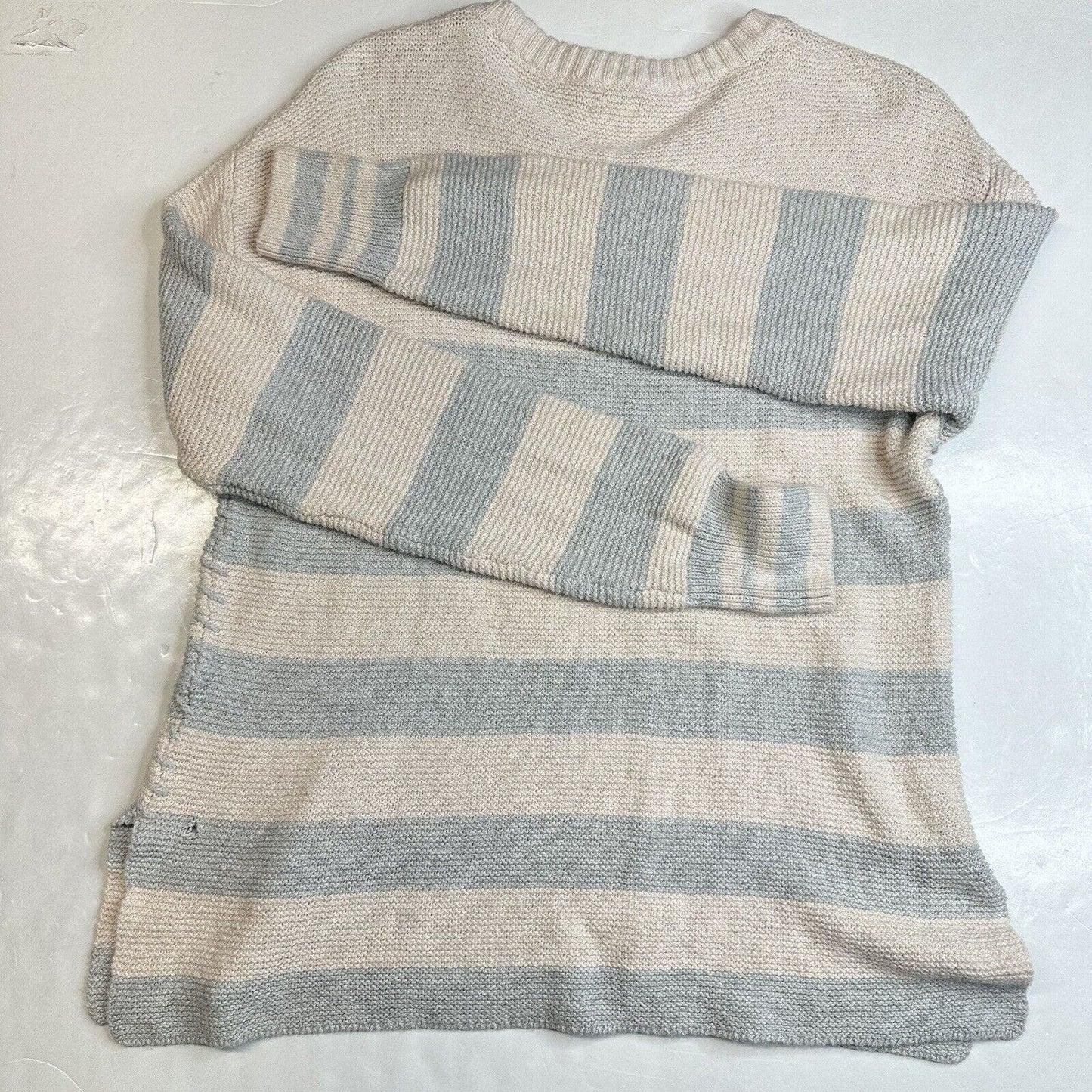 Faherty OJAI Nautical Sweater Womens Large Beige/Blue Stripes Pullover Top *Hole