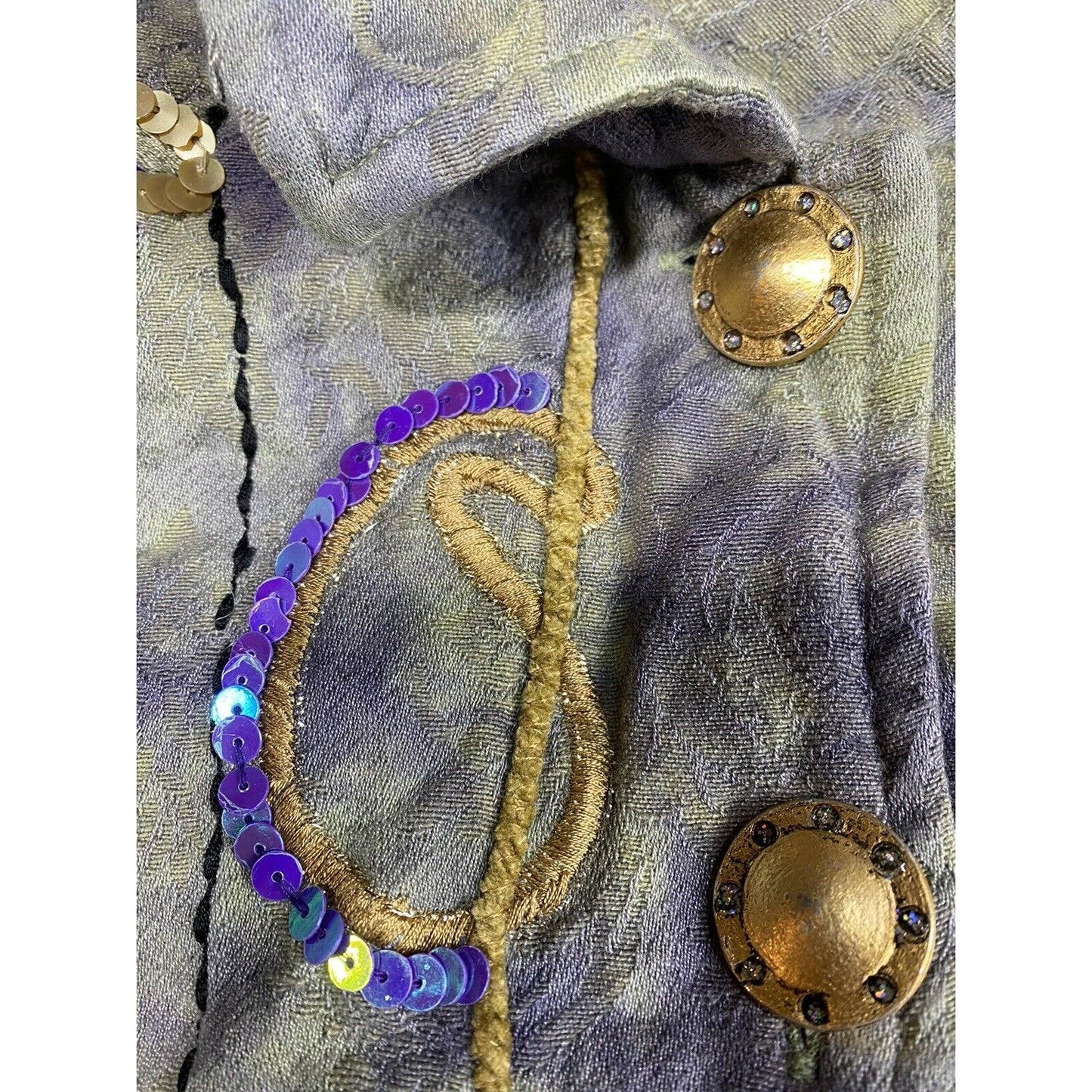 Indigo Moon Jacket Sz Small ART TO WEAR Sequins Flowers Embroidered Green/Purple