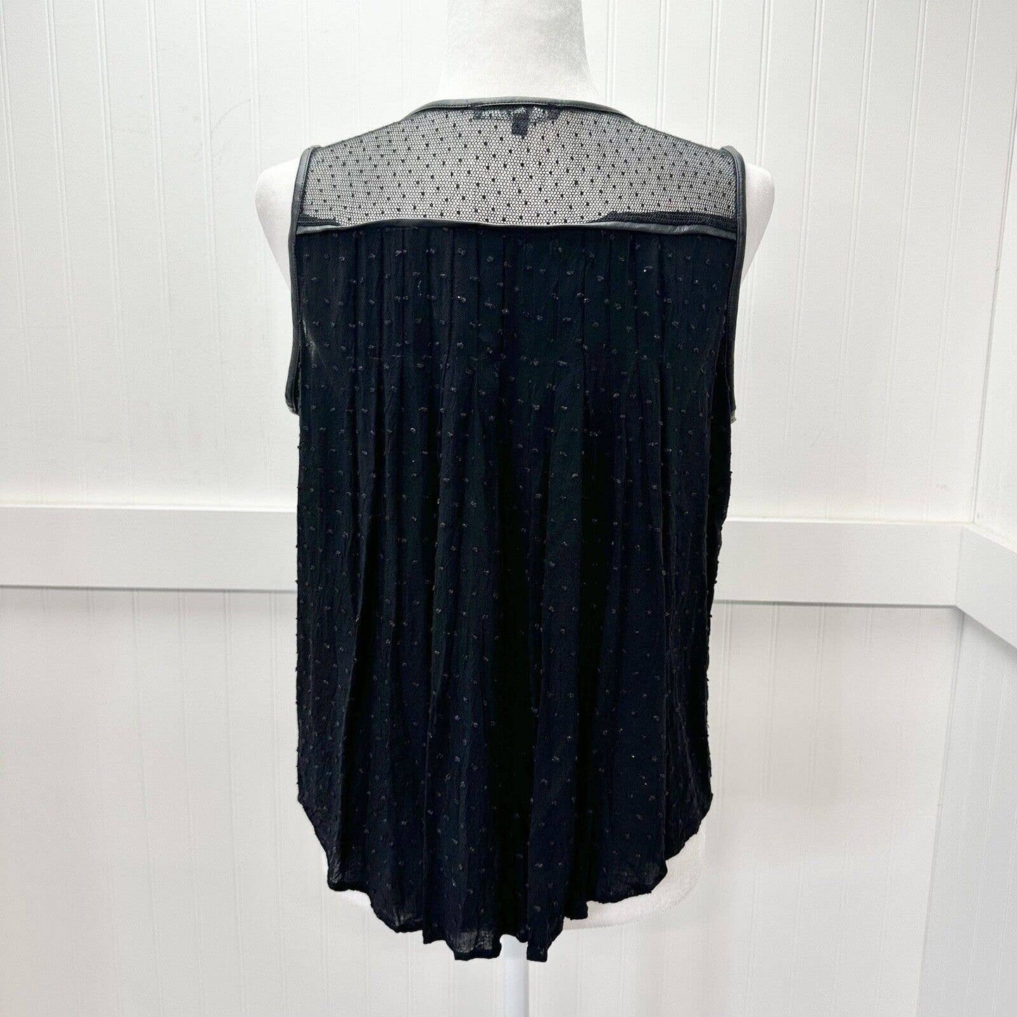 Miss Me Button Up Tank Top Sz Medium Black Sleeveless Faux Leather Trim Sheer