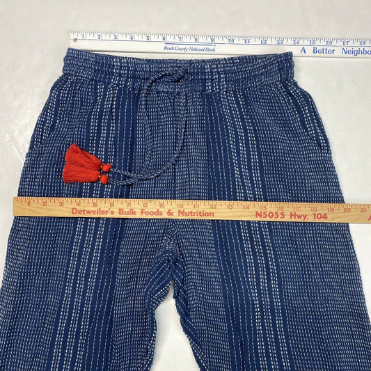 THML Pull On Crop Pants Sz Medium Blue Textured Boho Tassels Lightweight Cotton