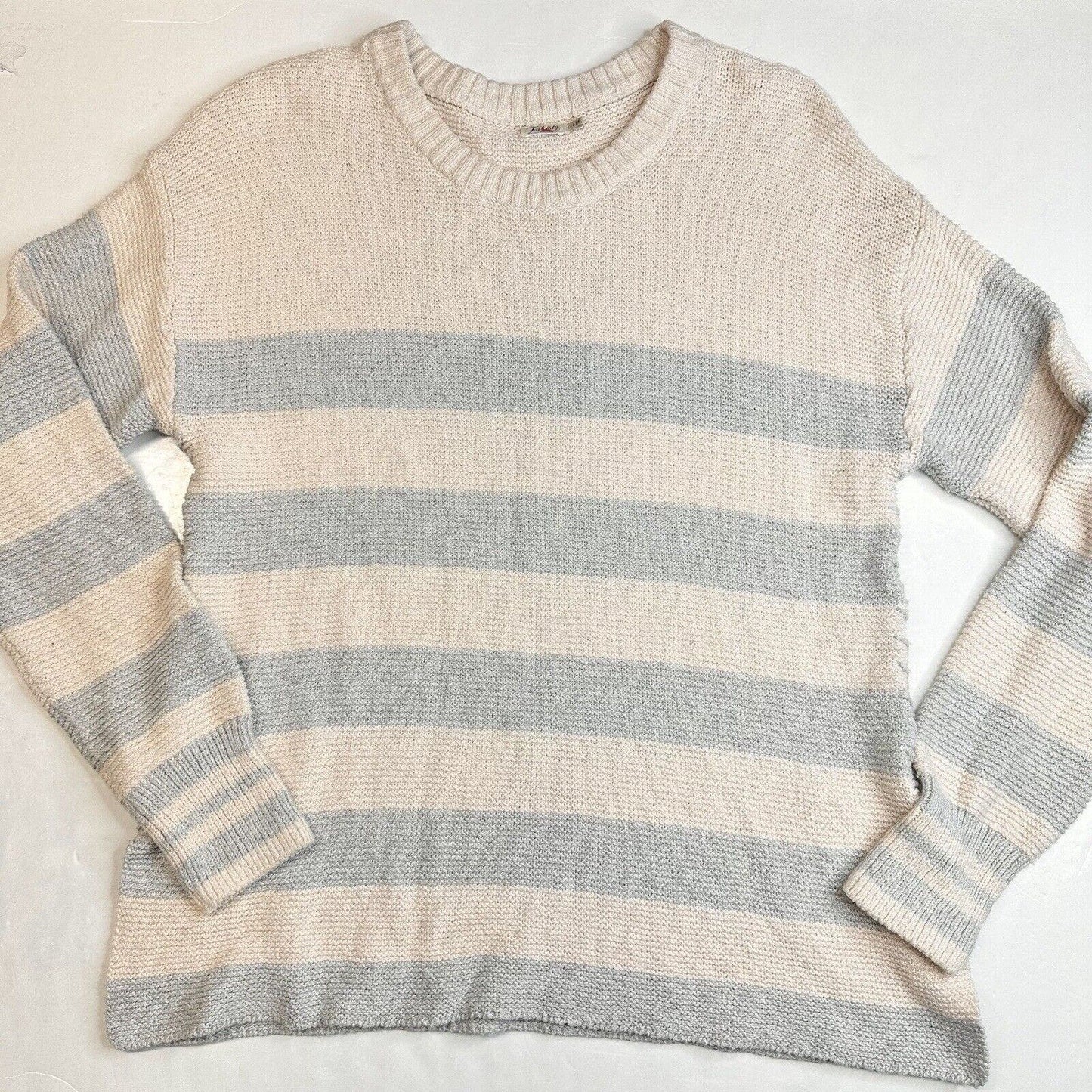 Faherty OJAI Nautical Sweater Womens Large Beige/Blue Stripes Pullover Top *Hole