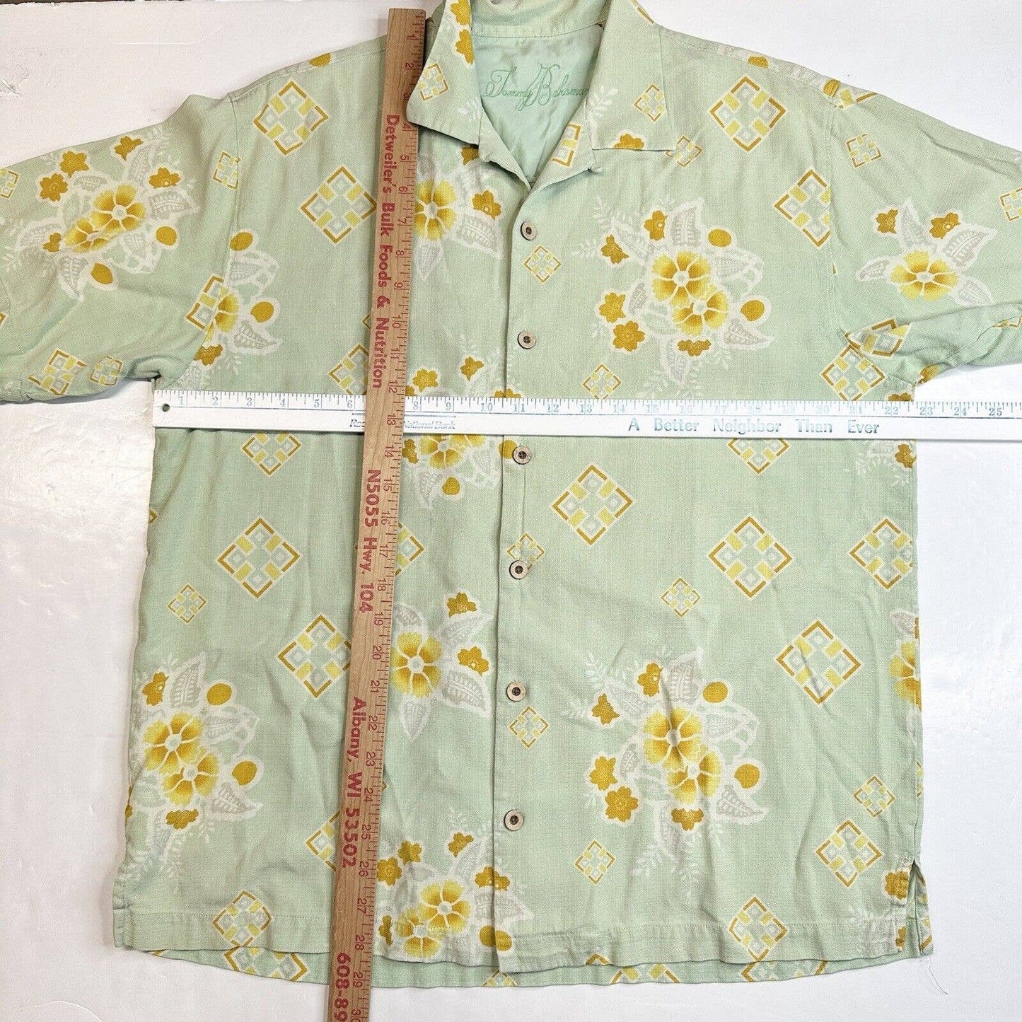 Tommy Bahama 100% Silk Button Up Shirt Sz Large Green Floral Short Sleeve *Spot