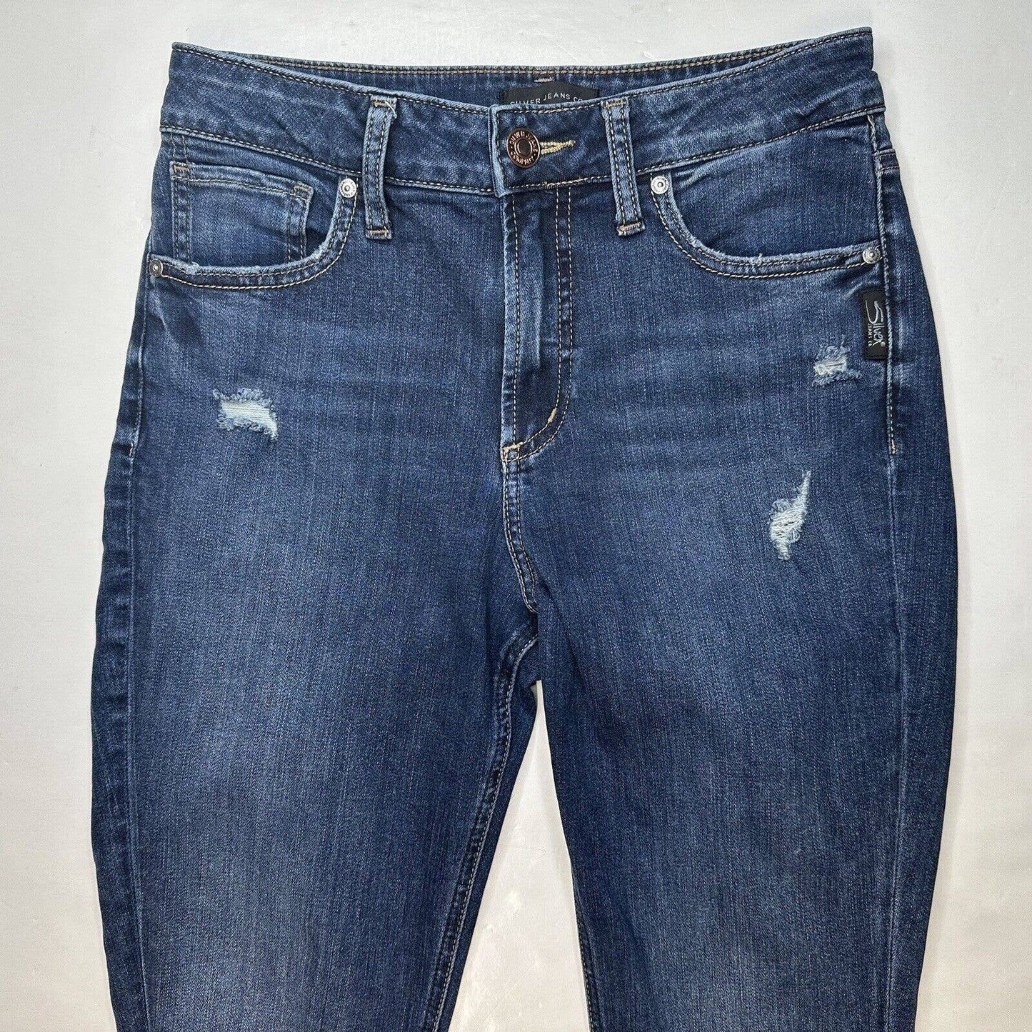 Silver Avery Skinny Jeans Sz 29 Curvy High Rise Stretch Denim Blue Distressed