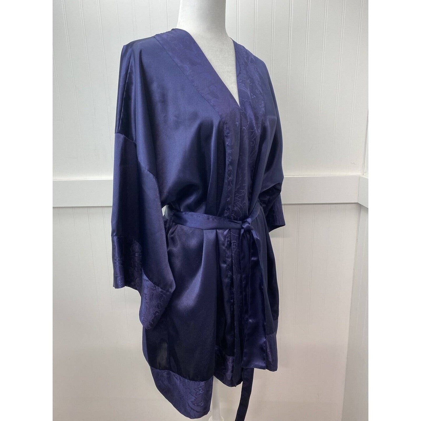 Victorias Secret Womens Vintage Gold Label Navy Blue Short Satin Robe Size OS
