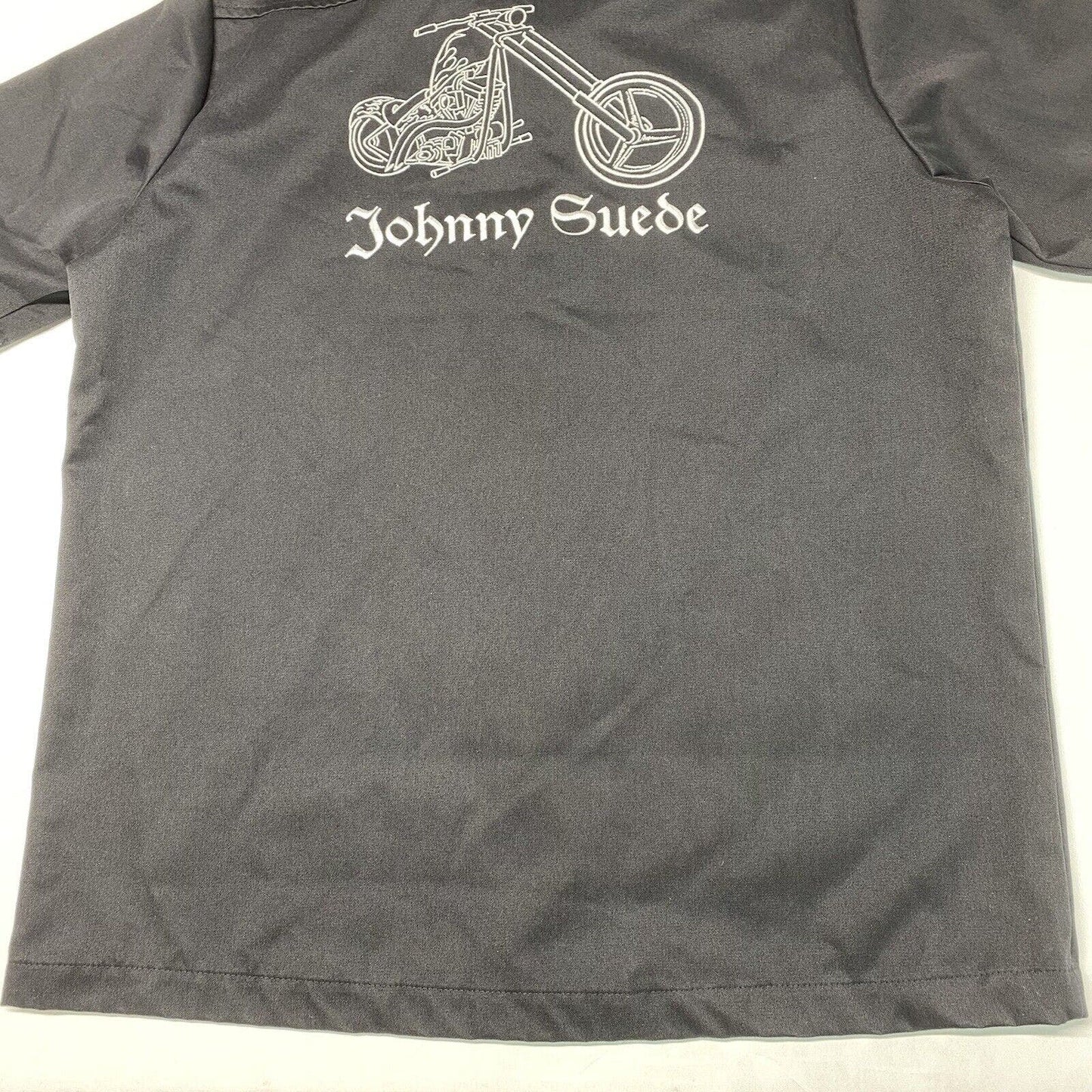 Johnny Suede Button Up Shirt Mens L Black Embroidered Motorcycle Biker USA EUC