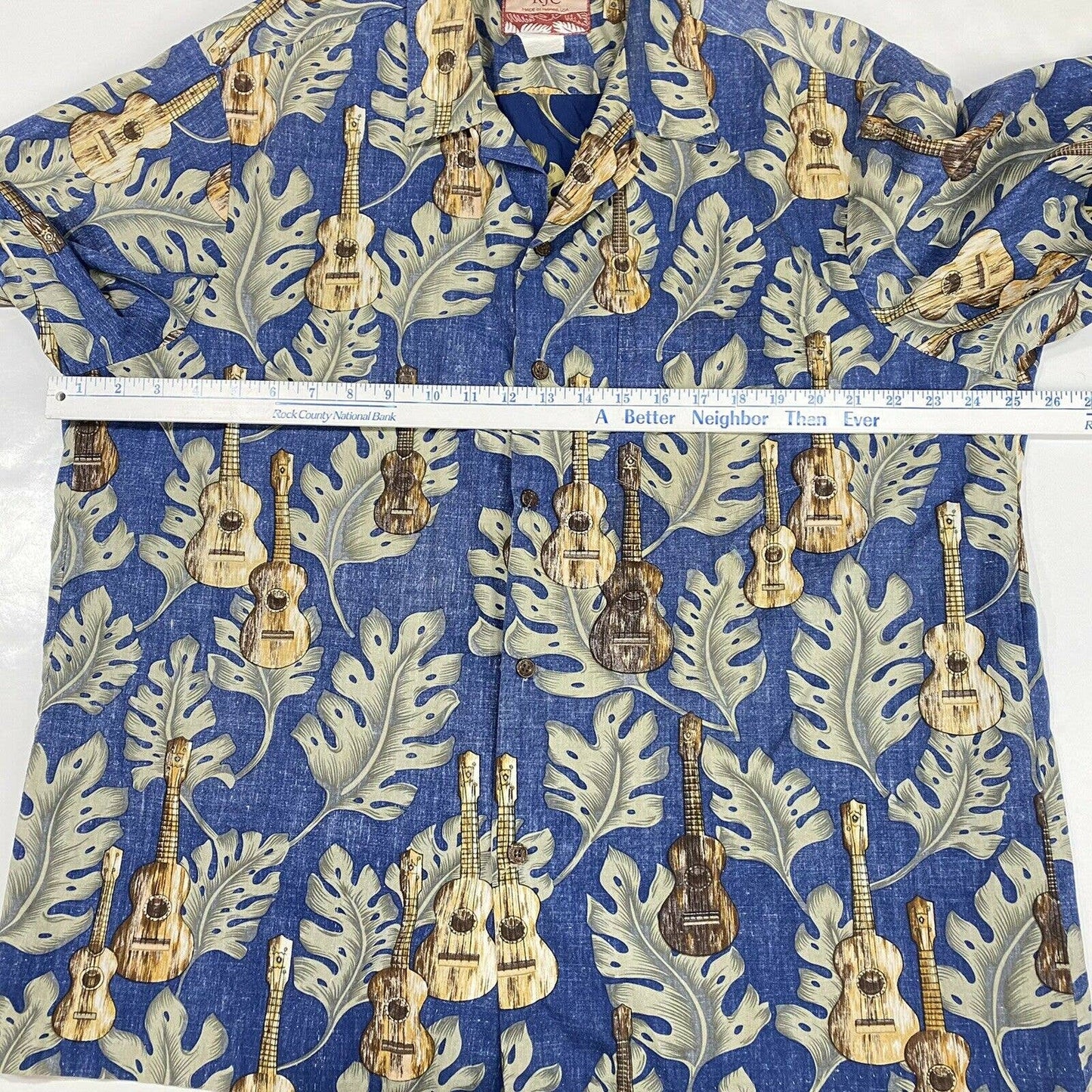RJC Hawaiian Button Up Shirt Sz XL Mens Casual Blue Short Sleeve Top Ukelele USA