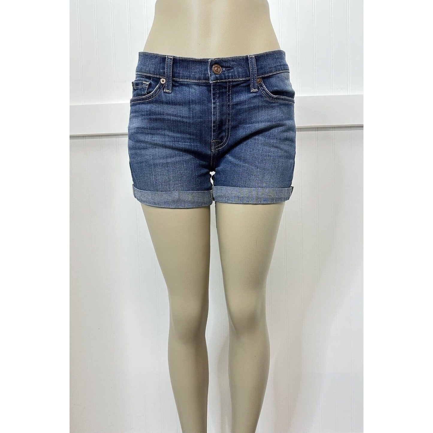 7 For All Mankind Cuffed Jean Shorts Sz 27 Blue Stretch Denim 3" Inseam 7FAM