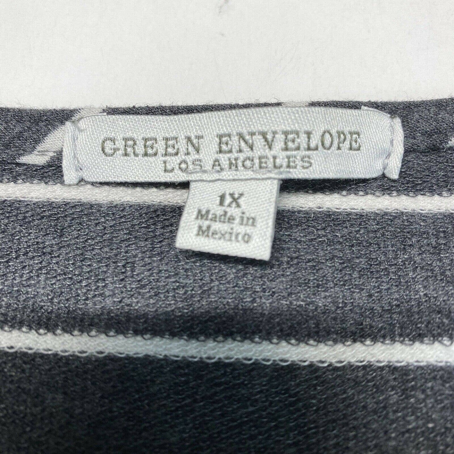 Green Envelope Striped 3/4 Bell Sleeve Top 1X Gray/White Stretch Jersey Knit EUC