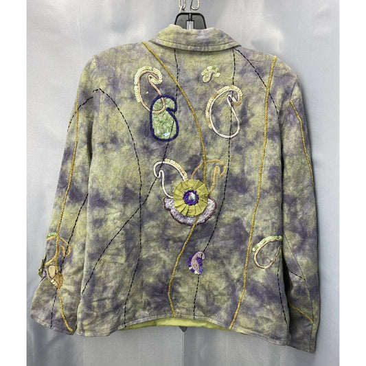 Indigo Moon Jacket Sz Small ART TO WEAR Sequins Flowers Embroidered Green/Purple