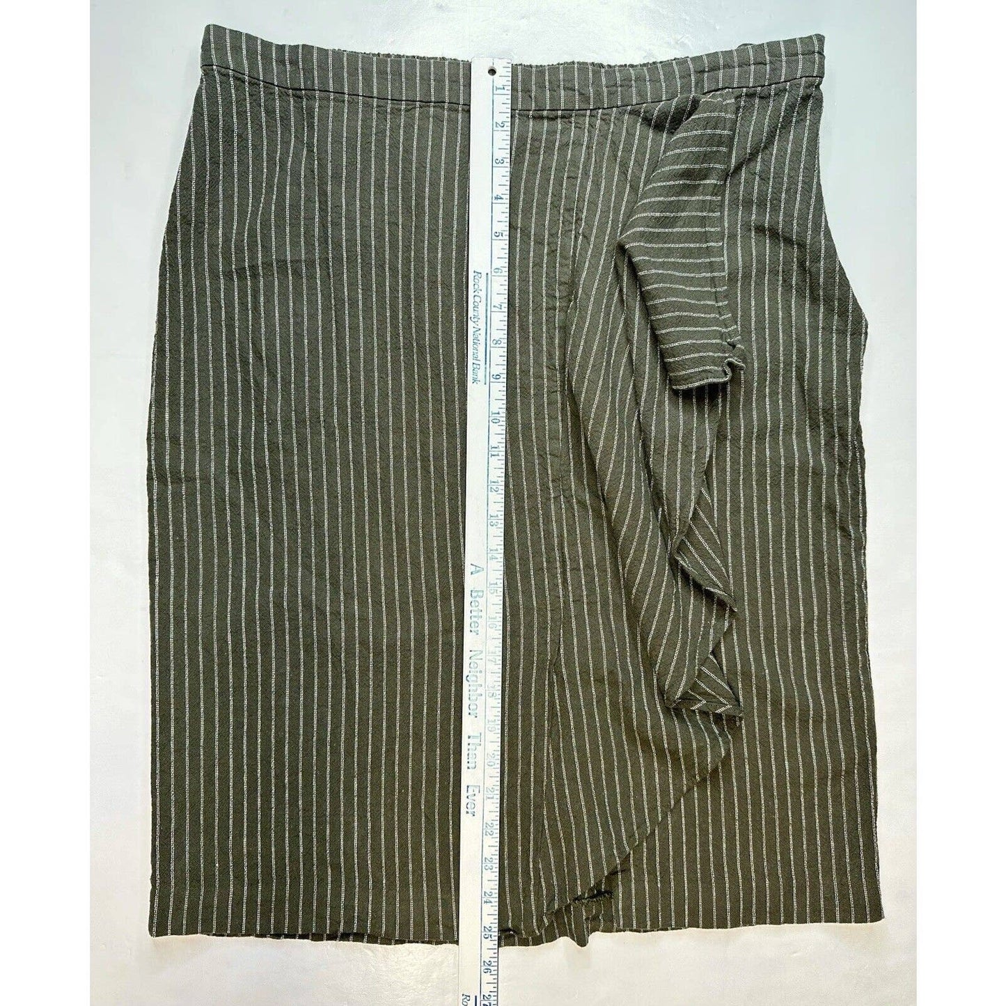 J Jill Ruffle Pencil Skirt Womens Large Petite Green Stripe Linen Blend Side Zip