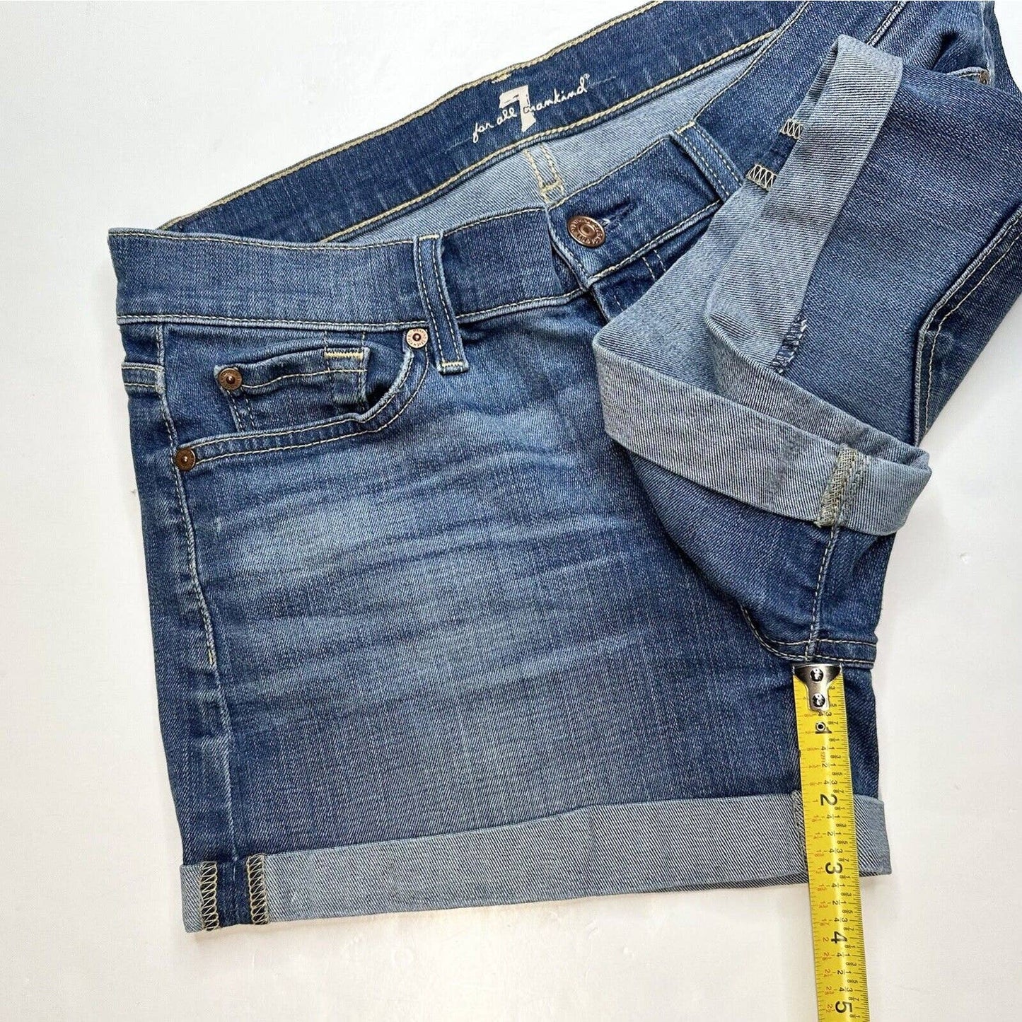 7 For All Mankind Cuffed Jean Shorts Sz 27 Blue Stretch Denim 3" Inseam 7FAM