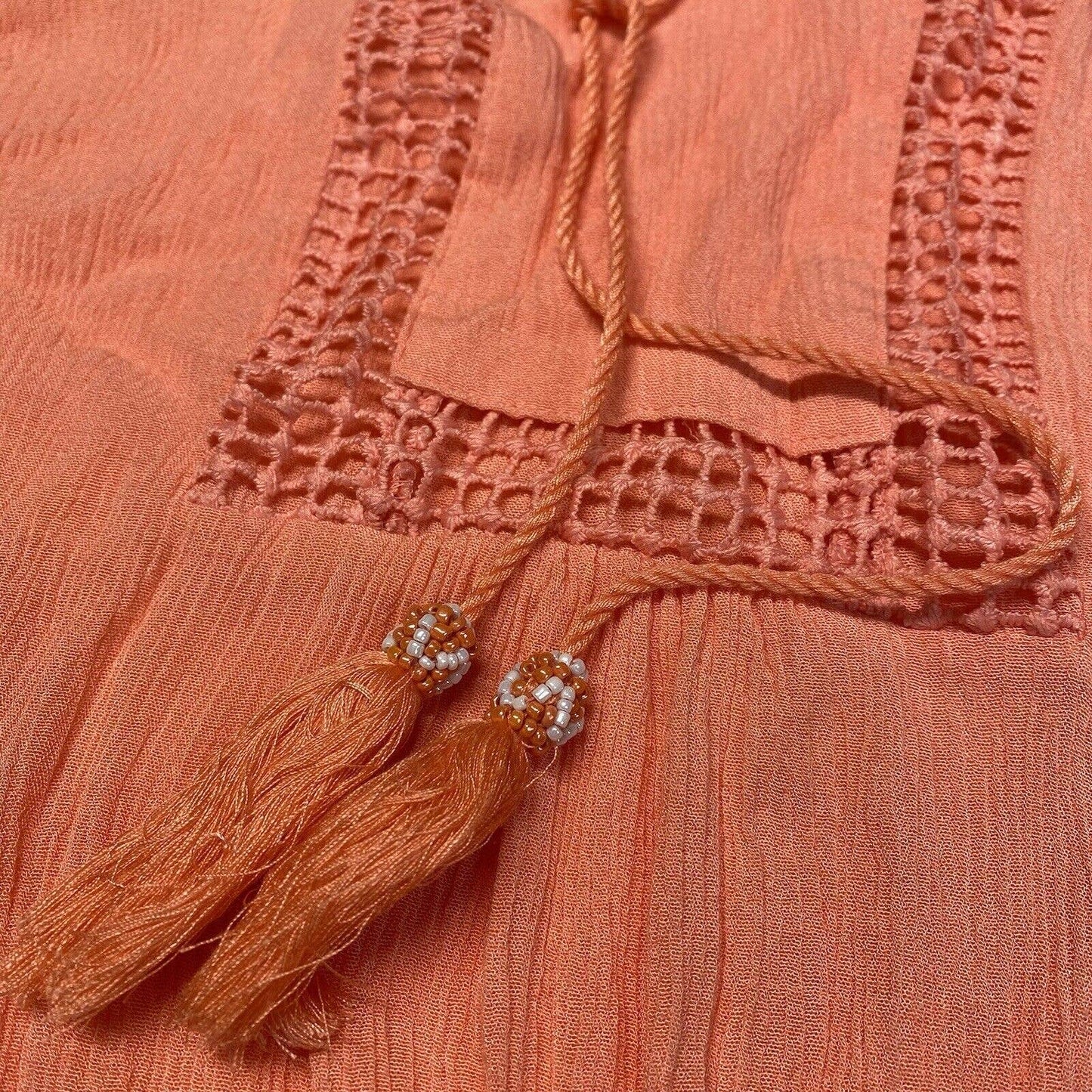 Zac & Rachel Boho Blouse Sz XL Coral/Orange Roll Tab Sleeve Gauze Tassels Beads