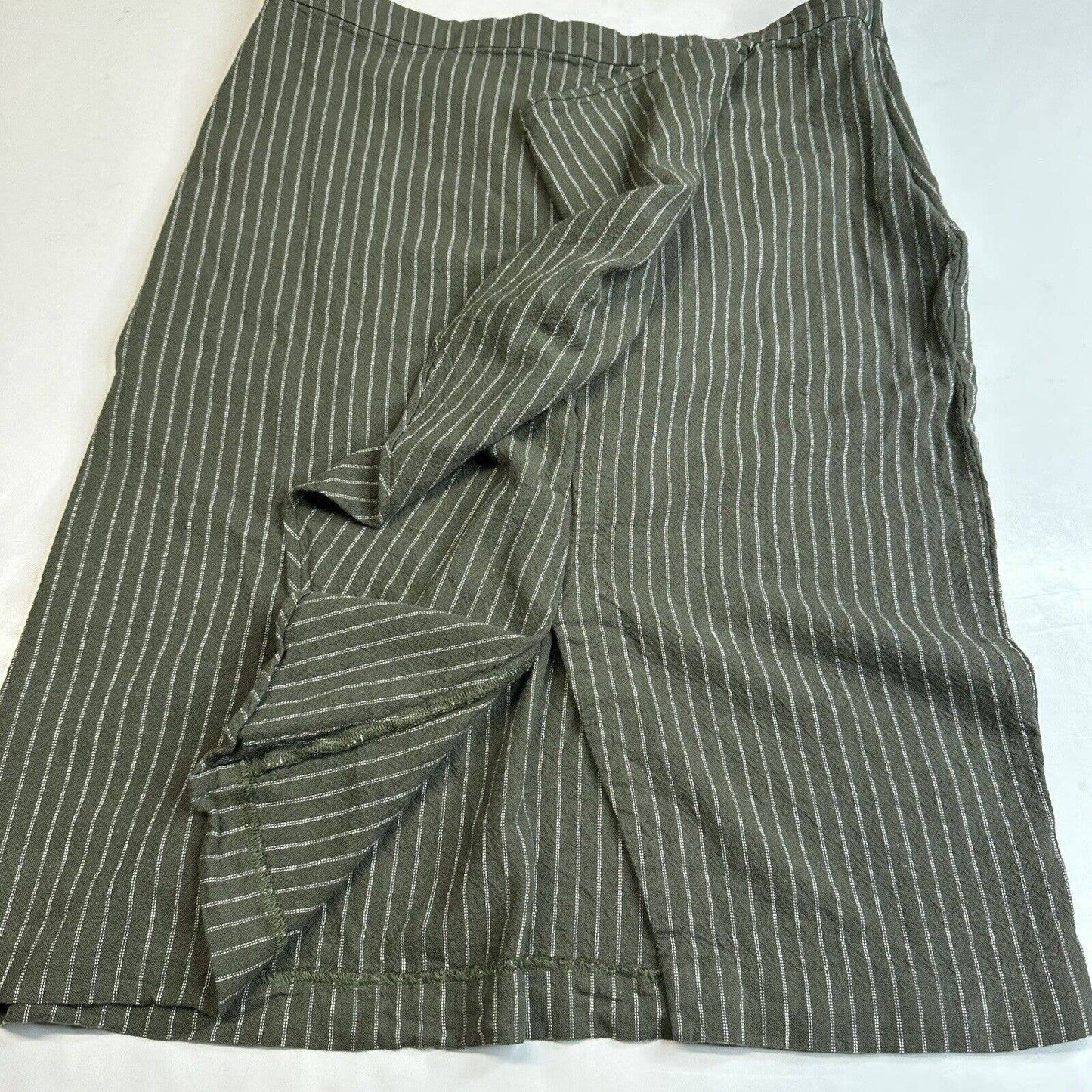 J Jill Ruffle Pencil Skirt Womens Large Petite Green Stripe Linen Blend Side Zip